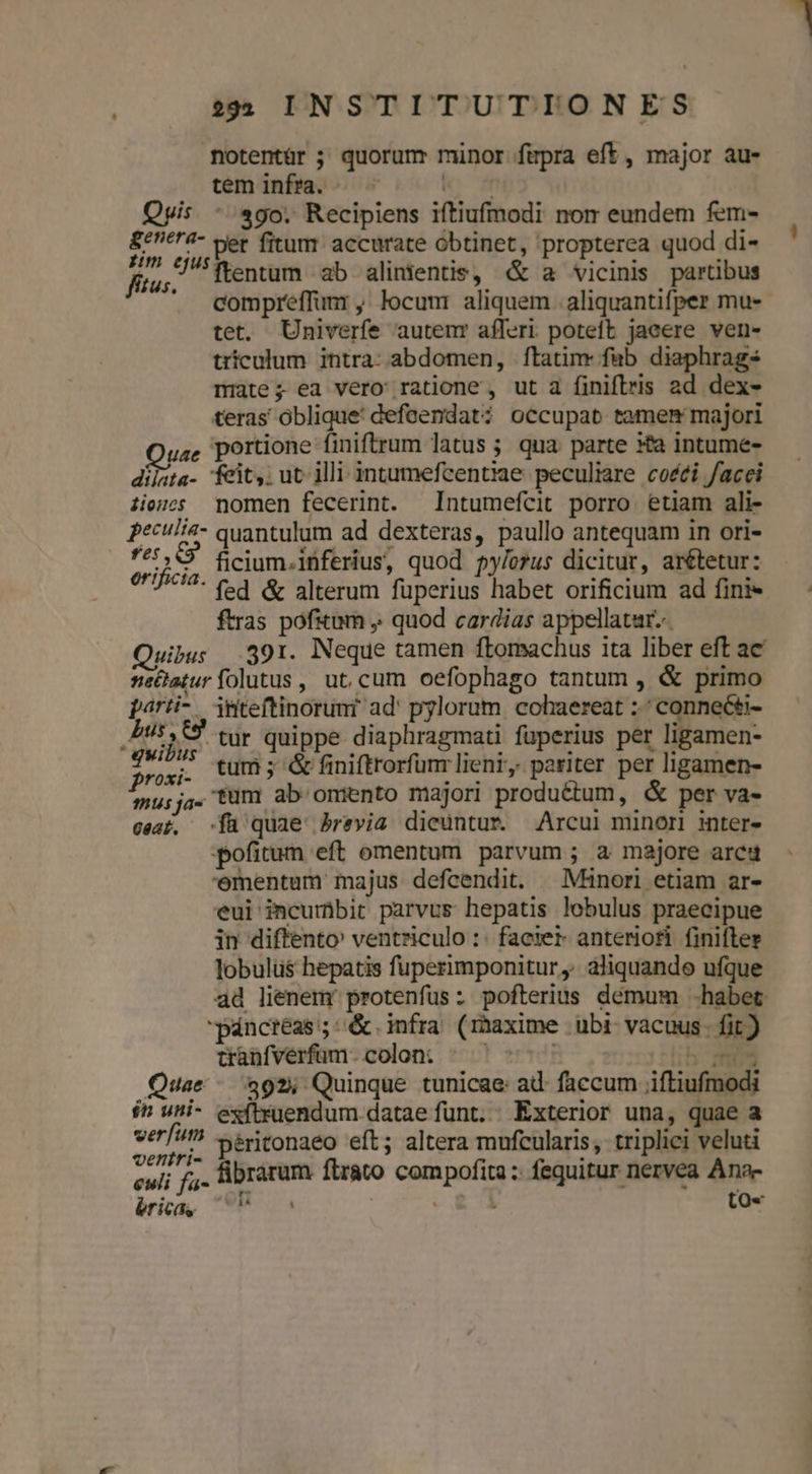 notentür ; quorum minor füpra eft, major au- tem infrta. tc om Qvis. - sgo. Recipiens iftiufmodi nom eundem fem- £**'4- ser fitum. accurate obtinet, propterea quod di- FAO. ftentum ab alinientis, &amp; a vicinis partibus ' compreffumr, locum aliquem. aliquantifper mu- tet. ÜUniverfe autenr afferi poteft jaeere ven- trículum intra: abdomen, ftatimr fab diaephrags niate; ea vero: ratione, ut à finiflris 2d dex- teras óblique' defeendat? occupat tamem majori gage portione finiftrum latus ; qua. parte *ta intume- dil:ita- feit; ut illi intumefcentiae peculiare coéci facei iios nomen fecerint. Intumefcit porro etiam ali- pectlia- quantulum ad dexteras, paullo antequam in ori- ridi ficium.inferius, quod py/orus dicitur, arétetur: '4- (ed &amp; alterum füperius habet orificium ad fini« ftras pofitum , quod cardias appellatur... Quibus 391. Neque tamen ftomachus ita liber eft ac nethatur folutus , ut.cum oefophago tantum , &amp; primo párti- iriteftinorunr ad' pylorum. cohaereat :.; connecti- ,PU5,5 tur quippe diaphragmati fuperius per ligamen- Let tum ; &amp; finiftrorfunr lient, pariter per ligamen- gu;ja. tum ab omento majori productum, &amp; per va- cea, fü quae brevia dicuntur. Arcui minori inter- pofitum eft omentum parvum ; a majore arcad 'ementum majus defcendit. Minori etiam ar- eui incumbit parvus hepatis lobulus praecipue in diffento' ventriculo :: facier. anteriori. finifler lobulüs hepatis fuperimponitur ,. aliquando ufque ad lienem protenfus: pofterius démum habet páncréas;:&amp;. infra (1haxime ubi vacuus. fit ) tranfverfüam- colon: y ertdi b m4 Quae ^ $92; Quinque tunicae: ad: faccum jiftiufmodi ín wni- exftxuendum datae funt.. Exterior una, quae a verfum péritonaeo eft; altera mufcularis, triplici veluti tx /» fibrarum ftrato compofita :: fequitur nervea Ana- brika, ^ à ; to-