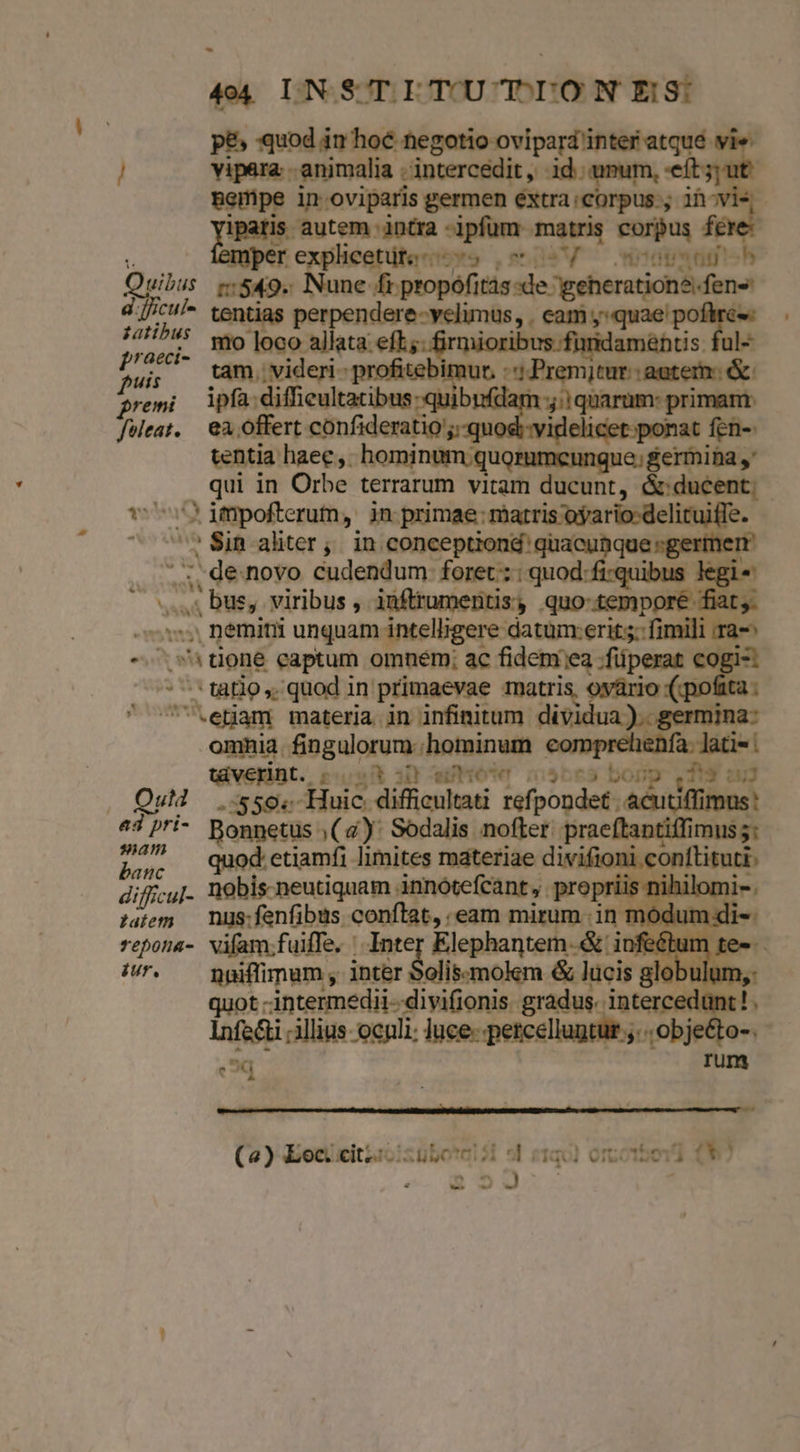 404 INS TITU'TTLONIE/S: p&amp; quod in hoc negotio ovipard'inter atqué vie: ) vipara . animalia . intercedit, id. umum, eft ;jut* Bempe in oviparis germen extra corpus, 1h ipatis autem intra -ipfum matris corpus fe 'r explicetur; ys ss V utate gp 1:549. Nune fi propófitas de geheratione.fens d [/cwl» tentias perpendere-velimus, . X 17/55 wo loco ajlata:efk.;: firmioribus- fundamentis fal dr tam. videri - profitebimur, ::; Premjtur aeter: &amp;. premi ipfa: difficultatibus -quib 3'1quarum: primant: fleat, | ea Offert confideratio quod ;:videlicet:ponat fen- tentia haec. hominum quorumeunque; germina ,* qui in Orbe terrarum vitam ducunt, &amp;:ducent; v0 6mpofterum, in primae: matris oario-delituiffe. : Sin aliter; in conceptiond' quacu bes egi * ;. de novo cudendum: foret; : quod: * wid bus, viribus , inftrumentis, quo-temporé fia v, nemini unquam intelligere datum:erit;;: fimili m^ -. tone captum omnem; ac fidem ea :füperat . tatio ,. quod in primaevae matris, ovario (pofi n .egam materia in infinitum Jishduaposeeniina: omnia. fingulorum hominum comprehenfa. Jati- táverint.. E vett ji etitióte ni! 73 DO , T3 :3 . Ou 550. Huic difficultati refpondet. Acutiffimus: «3Pri- Bonnetus ,( 4) Sodalis nofter praeftantiffimus;; P. quodctiamfi limites materiae diwifioni,confiputb difficul- nobis-neutiquam innótefcant,. propr IE Dinior omi záem nus;fenfibus. ort ,eam mirum in módum d repona- vifam,;fulffe. |. Inte Elephamem i infe iur, nuiffimum , intbr olis-molem &amp; lü cis globuium, quot -intermedii- divifionis. rais aie n - infs&amp;i illius oculi: luce- petcelluntur ;.. object ed rum (2) Jiottitiacisubotgió 9b r130) Ortotood (397 E xp