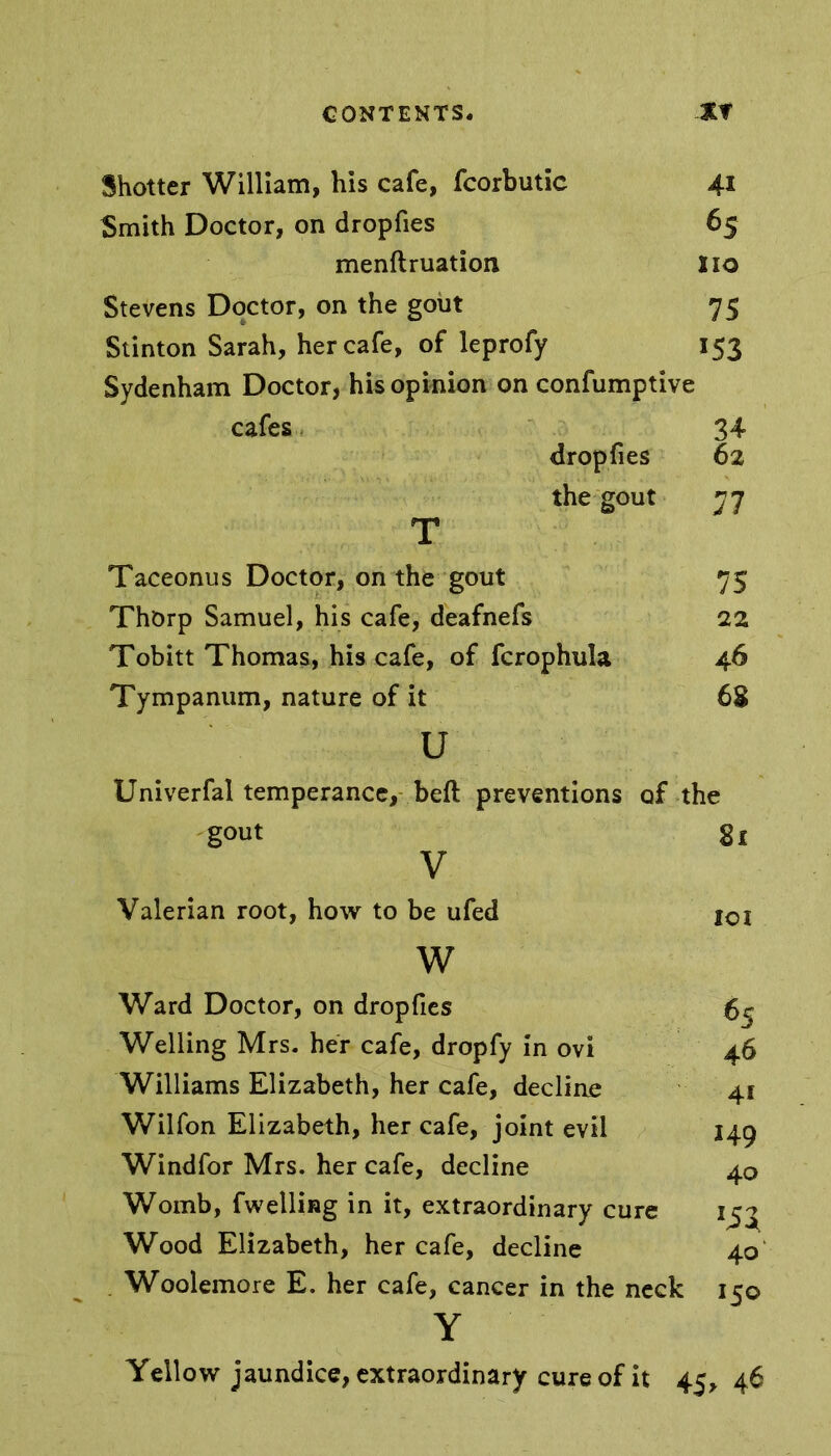 Shotter William, his cafe, fcorbutic 41 Smith Doctor, on dropfies 65 menftruation 110 Stevens Doctor, on the gout 75 Stinton Sarah, her cafe, of leprofy 153 Sydenham Doctor, his opinion on confumptive cafes 34 dropfies 62 the gout 77 T Taceonus Doctor, on the gout 75 Thorp Samuel, his cafe, deafnefs 22 Tobitt Thomas, his cafe, of fcrophula 46 Tympanum, nature of it 68 u Univerfal temperance, beft preventions of the gout 2i V Valerian root, how to be ufed loi w Ward Doctor, on dropfies 6^ Welling Mrs. her cafe, dropfy in ovi 46 Williams Elizabeth, her cafe, decliae 41 Wilfon Elizabeth, her cafe, joint evil 149 Windfor Mrs. her cafe, decline 40 Womb, fwelling in it, extraordinary cure 173 Wood Elizabeth, her cafe, decline 40 Woolemore E. her cafe, cancer in the neck 150 Y Yellow jaundice, extraordinary cure of it 45, 46
