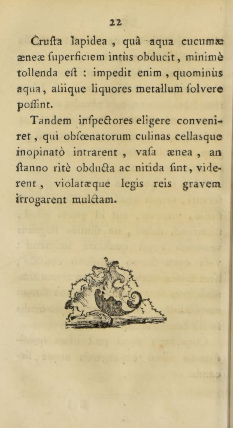 Cmfta lapidea , qua aqua cucumae aeneae fiiperficiem intiis obducit, minimi tollenda ell : impedit enim , quominiis aqua, aliique liquores metallum lolvere poiTint. Tandem infpe£lores eligere conveni- ret , qui obfoenatorum culinas cellasqiie inopinato intrarent , vafa aenea , an i Hanno rit^ obduda ac nitida fint, vide- j rent , violataeque legis reis gravem | irrogarent muldam.