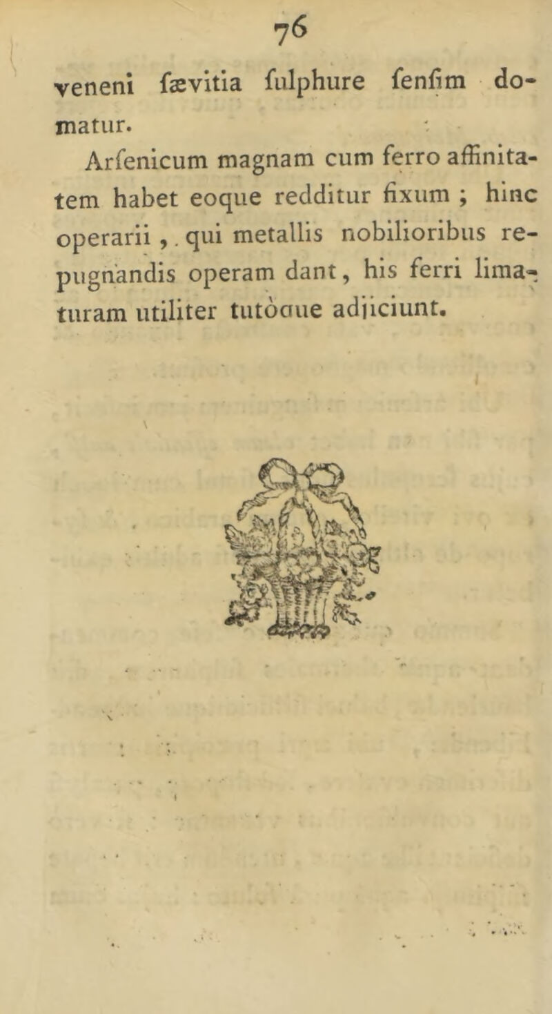 veneni faevitia fulphure fenfim do- matur. Arfenicum magnam cum ferro affinita- tem habet eoque redditur fixum ; hinc operarii,. qui metallis nobilioribus re- pugnandis operam dant, his ferri lima- turam utiliter tutoaue adjiciunt. \