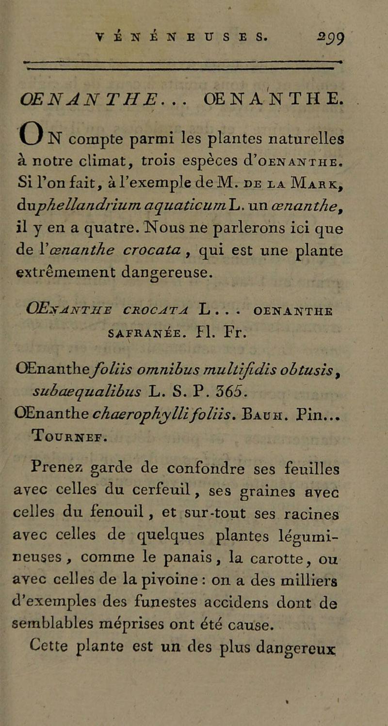 399 OENJN THE. . . OENANTHE. O N compte parmi les plantes naturelles à notre climat, trois espèces cI’oenanthe, Si l’on fait, à l’exemple de M. de la Mark, à-uphellandrium aquaticumE. un œnanthe, il y en a quatre. Nous ne parlerons ici que de Yœnanthe crocata , qui est une plante extrêmement dangereuse. OEzANTHR CROCATA L. . . OENANTHE safranée. Fl. Fr. \ OEnanthe foliis omnibus multijidis obtusis, subaequalibus L. S. P. 365. OEnanthe chaerophyllifoliis. Bauh. Pin... Tournef. Prenez garde de confondre ses feuilles avec celles du cerfeuil, ses graines avec celles du fenouil, et sur-tout ses racines avec celles de quelques plantes légumi- neuses, comme le panais, la carotte, ou avec celles de la pivoine : on a des milliers d’exemples des funestes accidens dont de semblables méprises ont été cause. Cette plante est un des plus dangereux