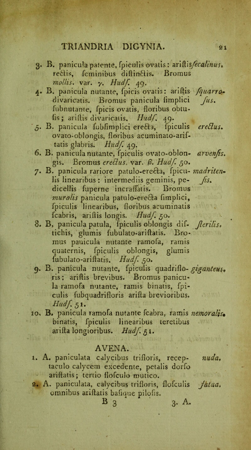 3. B. panicula patente, fpiculis ovatis: ar\{[\$fcalinus» replis, feminibus diftin&is. Bromus mollis. var. y. Hudf 49. 4. B. panicula nutante, fpicis ovatis: ariftis fquarro.- divaricatis. Bromus panicula fimplici Jus. fubnutante, fpicis ovatis, floribus obtu* fis ; ariftis divaricatis, Hudf 49. g. B. panicula lubfimplici ere&a, fpiculis erettus. ovato-oblongis, floribus acuminato-arif- tatis glabris. HudJ 49. 6. B. panicula nutante, fpiculis ovato-oblon- arvenfis, gis. Bromus eredus, var. /3. Hudf. 50. 7. B. panicula rariore patulo-ere&a, fpicu» madritcnw lis linearibus : intermediis geminis, pe- Js% dicellis fuperne incrafTatis. Bromus muralis panicula patulo-ere&a fimplici, fpiculis linearibus, floribus acuminatis fcabris, ariftis longis. Hudf 50. 8. B, panicula patula, fpiculis oblongis dif- f erilis» tichis, glumis fubulato-ariftatis, Bro- mus pauicula nutante ramofa, ramis quaternis, fpiculis oblongis, glumis fubulato-ariftatis. Hudf. 50. 9. B. panicula nutante, fpiculis quadriflo- giganteus* ris : ariftis brevibus. Bromus panicu- la ramofa nutante, ramis binatis, fpi- culis fubquadrifloris arifta brevioribus. Hudf. 51. 10, B* panicula ramofa nutante fcabra, ramis nemoralis« binatis, fpiculis linearibus teretibus arifta longioribus. Hudf. g%. AVENA. 1. A. paniculata calycibus trifloris, recep- nuda. taculo calycem excedente, petalis dorfo ariftatis; tertio flofculo mutico. A. paniculata, calycibus trifloris, flofculis jhtaa, omnibus ariftatis bafique pilofis. B 3 3- A-