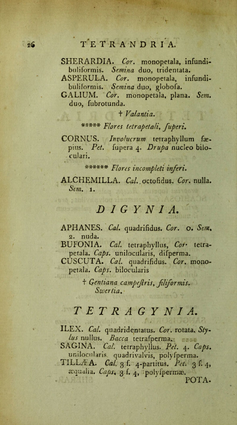 *r t'e trandr ia, SHERARDIA. Cor. monopetala, infundi- buliformis. Semina duo, tridentata. ASPERULA. Cor. monopetala, infundi- buliformis. Semina duo, globofa. GALIUM. Cor. monopetala, plana. Se?n. duo, fubrotunda. t Valantia. ***** Flores tetrapetali, fuperi. CORNUS. Involucrum tetraphyllum fae- pius. Pet. fupera 4. Drupa nucleo bilo- culari. ****** Flores incompleti inferi. ALCHEMILLA. Gz/.,octofidus. Cor. nulla. Stm. 1. D I G Y N I A. APHANES. Cal. quadrifidus. Cor. o, Sem, 2. nuda. BUFONIA. Cal. tetraphyllus, Cor• tetra- petala. Caps. unilocularis, difperma. CUSCUTA. Cal. quadrifidus. Cor. mono- petala. Caps. bilocularis t Gentiana cambejlris, filiformis. Swertia. TETRAGY NI A. ILEX. Cal. quadridentatus. Cor. rotata. Sty- lus nullus. Bacca tetrafperma, SAGINA. Cal. tetraphyllus. Pet. 4. Caps. unilocularis. quadrivalvis, polyfperma. TILLAr A. Cal. 3 f. 4-partitus. Pet. 3 f. 4, aqualia. CapSi 3 fi 4, polyfpermas. POTA-