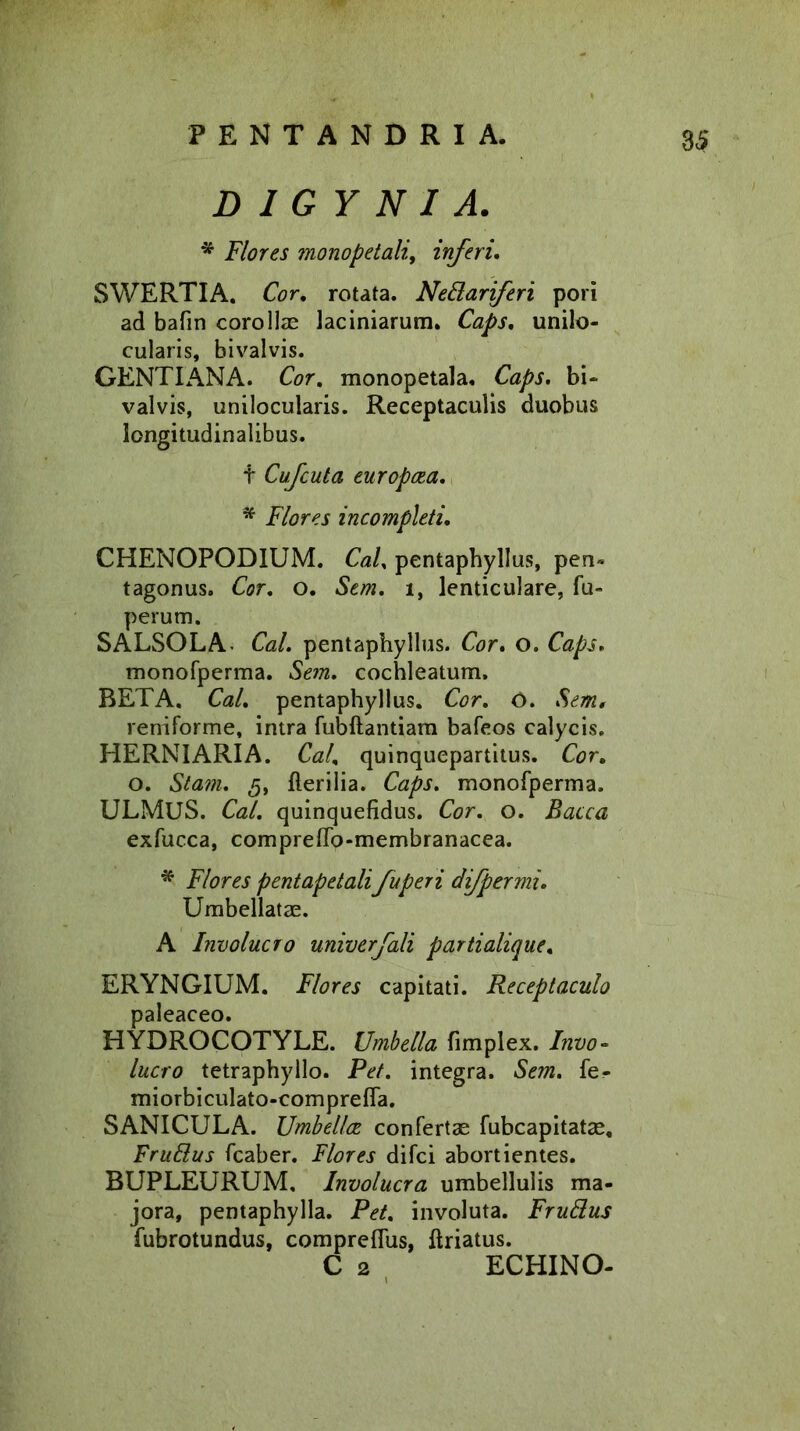 D I G Y N I A. * Flores monopetali, inferi. SWERTIA. Cor. rotata. Nedariferi pori ad bafin corollae laciniarum. Caps. unilo- cularis, bivalvis. GENTIANA. Cor. monopetala. Caps. bi- valvis, unilocularis. Receptaculis duobus longitudinalibus. t Cufcuta europcea. * Flores incompleti. CHENOPODIUM. Cz/, pentaphyllus, pen» tagonus. Cor. o. i, lenticulare, fu- perum. SALSOLA- Cal. pentaphyllus. Cor. o. Caps. monofperma. Sm. cochleatum. BETA. Cz/. pentaphyllus. O. reniforme, intra fubftantiam bafeos calycis. HERNIARIA. Cal% quinquepartitus. Cor. o. 5, Herilia. Caps. monofperma. ULMUS. Cal. quinquefidus. Cor. o. Bacca exfucca, comprelfo-membranacea. * Flores pentapetali fuperi difpermi. Umbellatae. A Involucro univerfali parti alique, ERYNGIUM. Flores capitati. Receptaculo paleaceo. HYDROCOTYLE. Umbella fimplex. Invo- lucro tetraphyllo. Pet. integra. Sem. fe- miorbiculato-compreffa. SANICULA. Umbellce confertae fubcapitatae, Frullus fcaber. Flores difci abortientes. BUPLEURUM. Involucra umbellulis ma- jora, pentaphylla. Pet. involuta. Frudus fubrotundus, compreffus, ftriatus. C 2 ECHINO-