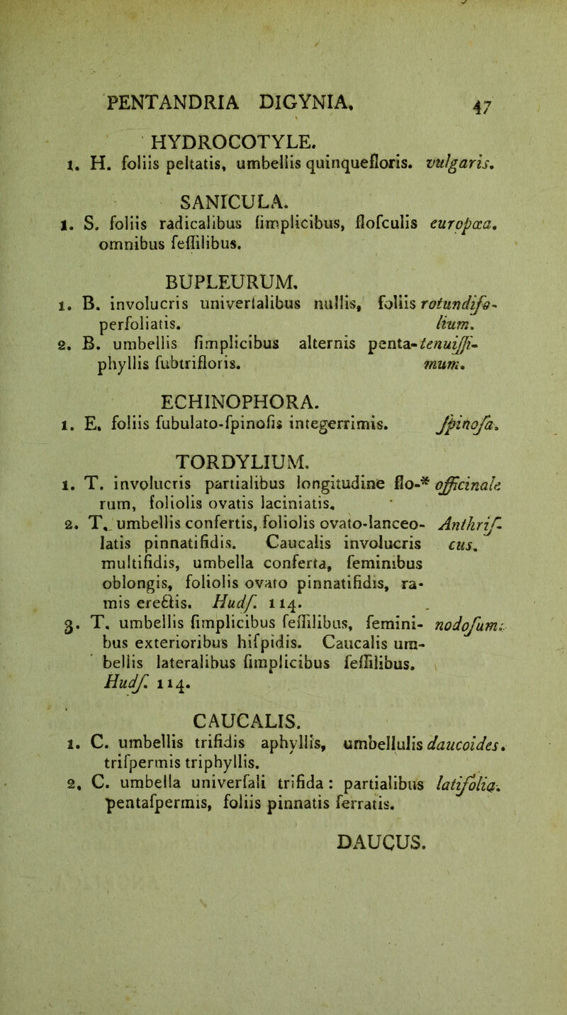 HYDROCOTYLE. l. H. foliis peltatis, umbellis quinquefloris. vulgaris. S ANICULA. 1. S. foliis radicalibus {implicibus, flofculis europoca, omnibus feflilibus. BUPLEURUM, 1. B. involucris univerlalibus nullis, foliis roiundifo- perfoliatis. lium. 2. B. umbellis {implicibus alternis penta-^/m^- phyllis fubtrifloris. mum* ECHINOPHORA. i. E. foliis fubulato-fpinofis integerrimis. Jpinofa, TORDYLIUM. 1. T. involucris partialibus longitudine floofficinaU rum, foliolis ovatis laciniatis, 2. T,, umbellis confertis, foliolis ovato-lanceo- Anthrif latis pinnatifidis. Caucalis involucris cus. multifidis, umbella conferta, feminibus oblongis, foliolis ovato pinnatifidis, ra- mis eredis. Hudf. 114. 3. T. umbellis {implicibus fefiilibus, femini- nodofumi bus exterioribus hifpidis. Caucalis um- bellis lateralibus fimplicibus feflilibus. Hudf. 114. CAUCALIS. 1. C. umbellis trifidis aphyllis, umbellulis daucoides. trifpermis triphyllis. 2, C. umbella univerfali trifida : partialibus latifolia. pentafpermis, foliis pinnatis ferratis. DAUCUS.
