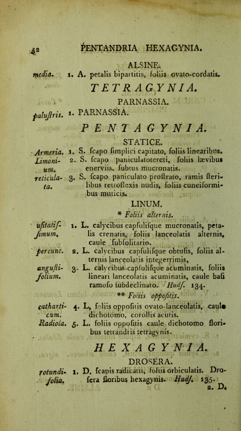 ALSINE. l. A. petalis bipartitis, foliis ovato-cordatis, TETRAGYNIA. PARNASSIA. palujlris. *• PARNASSIA. PENTAGYNI A. STATICE. Armeria. i. S. fcapo fimplici capitato, foliis linearibus. Limoni- 2. S. fcapo paniculatotereti, foliis lsevibu* ump enerviis. fubtus mucronatis. rtlicula- 3. S. fcapo paniculato proftrato, ramis fteri- libus retroflexis nudis, foliis cuneiformi* bus muticis. LINUM. * Foliis alternis. 1. L. calycibus capfulifque mucronatis, peta- lis crenatis, foliis lanceolatis alternis, caule fubfolitario. 2. L. calycibus capfulifque obtufis, foliis al- ternis lanceolatis integerrimis, 3. L. calycibus capfulifque acuminatis, foliis lineari lanceolatis acuminatis, caule bafi ramofo fubdeclinato. Hudf. 134. ** Foliis oppofitis. catharii« 4. L, foliis oppofitis ovato-lanceolatis, caul« cum. dichotomo, corollis acutis. Radiola. 5. L. foliis oppofitis caule dichotomo flori- bus tetrandris tetragvnis. HEXAGY NI A. DROSERA. potundi* 1. D, fcapis radicatis, foliis orbiculatis. Dro- folia. fera floribus hexagynis. Hudj\ 135. v 2. D* ta. ufitalif- fimum, perenne. angufli- folium. A2 media.