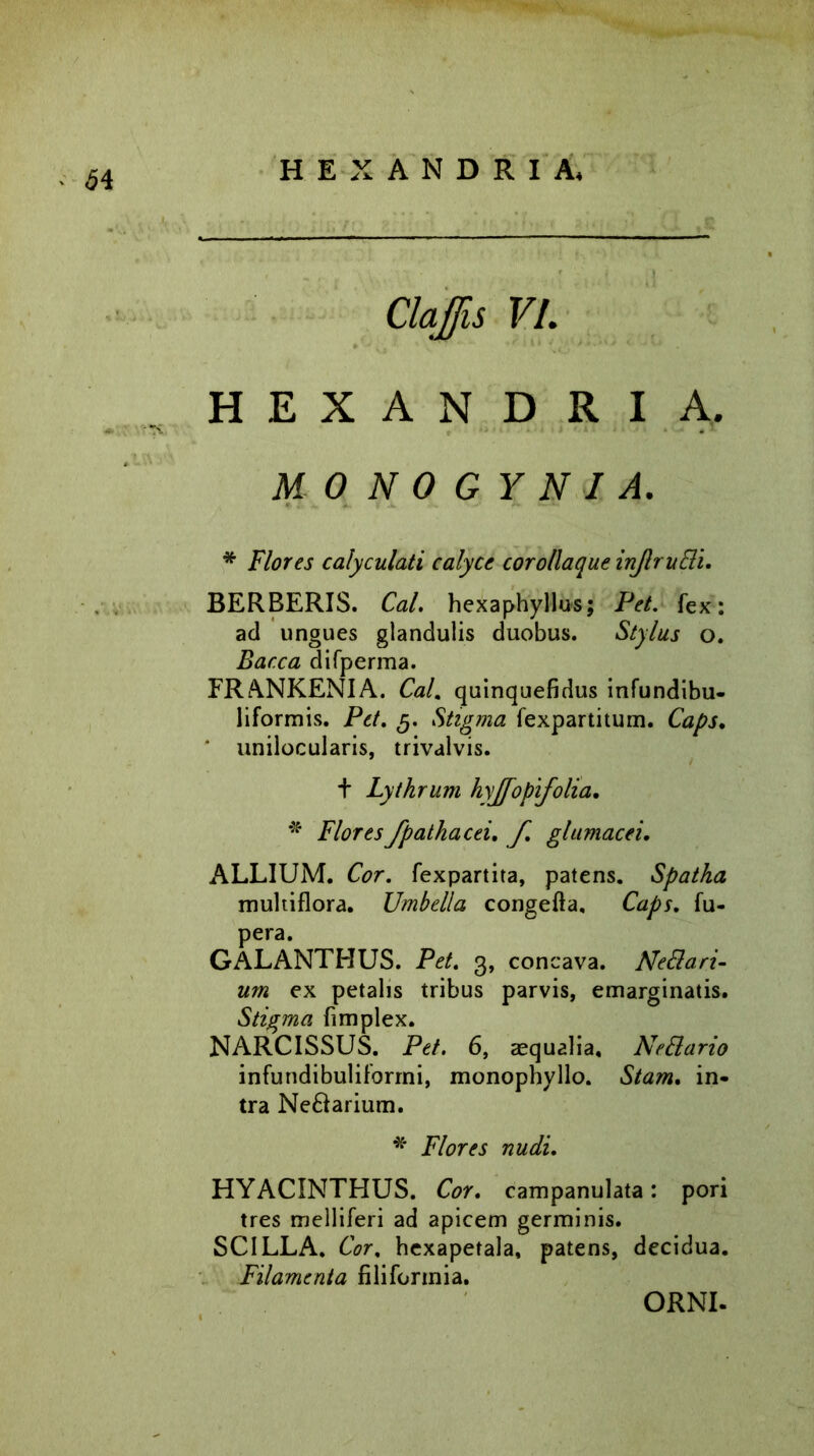 H Clajffis VI. H E X A N D R I A. MONOGYN IA. * Flores calyculati calyce corollaque inJlruBi. BERBERIS. Cal. hexaphyllus; Pet. fex: ad ungues glandulis duobus. Stylus o. Barca difperma. FRANKENIA. Cal. quinquefidus infundibu- liformis. Pet. g. Stigma fexpartitum. Caps. ' unilocularis, trivalvis. + Lythrum hyjfopifolia. * Flores Jpathacei. f. glumacei. ALLIUM. Cor. fexpartita, patens. Spatha multiflora. Umbella congefta, Caps. fu- pera. GALANTHUS. Pet. 3, concava. NeBari- um ex petalis tribus parvis, emarginatis. Stigma fimplex. NARCISSUS. Pet. 6, sequalia, NeFlario infundibuliforrni, monophyllo. Stam. in- tra Ne&arium. * Flores nudi. HYACINTHUS. Cor. campanulata: pori tres melliferi ad apicem germinis. SCILLA. Cor. hexapetala, patens, decidua. Filamenta filiformia. ORNI.