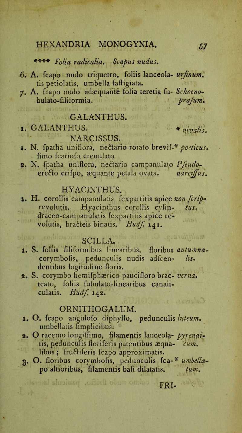 **** Folia radicalia. Scapus nudus. 6. A. fcapo nudo triquetro, foliis lanceola- urjinum. tis petiolatis, umbella faftigiata. 7» A. fcapo nudo adaequante folia teretia fu- Schoeno- bulato-filiiormia. prafum. GALANTHUS. i, GALANTHUS. # niyqlis, NARCISSUS. 1. N. fpatha uniflora, ne&ario rotato brevif-* poeticus* fimo fcariofo. crenulato 8. N. fpatha uniflora, nefflario campanulato PJeudo- ere&o crifpo, aequante petala ovata. narcijfus. HYACINTHUS. a. H. corollis campanulaiis fexpartitis apice non ferip» revolutis. Hyacinthus corollis cylin- tai. draceo-campanulatis fexpartitis apice re- volutis, bra&eis binatis. Hudf. 141. SCILLA. 1. S. foliis filiformibus linearibus, floribus autumna- corymbofis, pedunculis nudis adfcen- /zj. dentibus logitudine floris. s. S. corymbo hemifphaerico paucifloro brac- verna. teato, foliis fubulato-linearibus canali- culatis. Hudf, 142. ORNITHOGALUM. 1. O. fcapo angulofo diphyllo, pedunculis luteum. umbellatis fimplicibus. 2. O racemo longiflimo, filamentis lanceola- pyrenai- tis, pedunculis floriferis patentibus aequa- cum. libus; fru&iferis fcapo approximatis. 3. O. floribus corymbofis, pedunculis fca-* umbella- po altioribus, filamentis bafi dilatatis. tum% FRI-