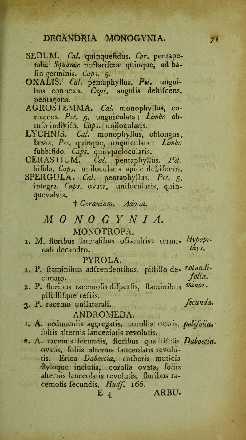 DECAl^OklA MONOGYNIA. 7* SEDUM. CaL quinquefidus. Cor, pentape- tala. Squameo ne&arifcrae quinque, ad ba- fin germinis. Caps. 5. OXALIS. CaL pentaphyllus. P«t. ungui- bus connexa. Caps, angulis dehifcens, pentagona. AGROSTEMMA. CaL monophyllus, co- riaceus. Pet. 5, unguiculata : Limbo ob- tufo indiVifo. Caps. unilocularis. LYCHNIS. CaL monophyllus, oblongus, laevis. Pet. quinque, unguiculata : Limbo fubbifido. Caps. quinquelocularis. CERASTIUM. CaL pentaphyllus, Pet. bifida. Caps. unilocularis apice dehifcens. SPERGULA. CaL pentaphyllus. Pet. 5, integra. Caps. ovata, unilocularis, quin- quevalvis. t Geranium. Adoxa. m 0'no g y n i a. MONOTROPA. 1. M. floribus lateralibus o&andris: termi- Hypopi- nali decandro. ihys, PYROLA. 1. P. flaminibus adfcendentibus, piffillo de- rotundi- chnato. Joha, 2. P, floribus racemofis difperfis, flaminibus minor. piftillifque re£lis. 3. P. racemo unilaterali. fecunda. ANDROMEDA. 1. A. pedunculis aggregatis, corollis ovatis, polifolia* foliis alternis lanceolatis revolutis. s. A. racemis fecundis, floribus quadrifidis Daboecia. ovatis, foliis alternis lanceolatis revolu- tis. Erica Daboecia, antheris muticis ftyloque inclufis, corolla ovat3, foliis alternis lanceolatis revolutis, floribus ra- cemofis fecundis. Hudf, 166. ARBU-
