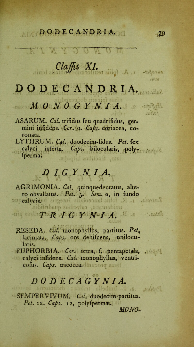 DODECANDRIA. Clafis XI. DODECANDRIA, MONOGYNI A. ASARUM. Cal. trifidus feu quadrifidus, ger- mini iitfidefis. Cor, io. Caps. Coriacea, co- ronata. LYTHRUM. Cal. duodecim-fidus. Pet. fex calyci inferta. Caps. bilocularis, poly- fperma. D I GY N I A. * * V ' ♦ ... X. Jt X JL AGRIMONIA. Cal% quinquedentatus, alte- ro obvallatus. Pet. & Sem. 2, in fundo calycis. T R I G Y N I A. RESEDA. Cal. monophylius, partitus. PetK laciniata. Caps. ore dehifcens, unilocu- laris. EUPHORBIA. Cor, tetra, f. pentapetaja, calyci infidens. Cal. monophylius, ventri- cofus. Caps. tncocca. DO D ECAGYNIA. SEMPERVIVUM. Cal, duodecim-partitus. Pet. 12. Caps. 12, polyfpermae. MONfa