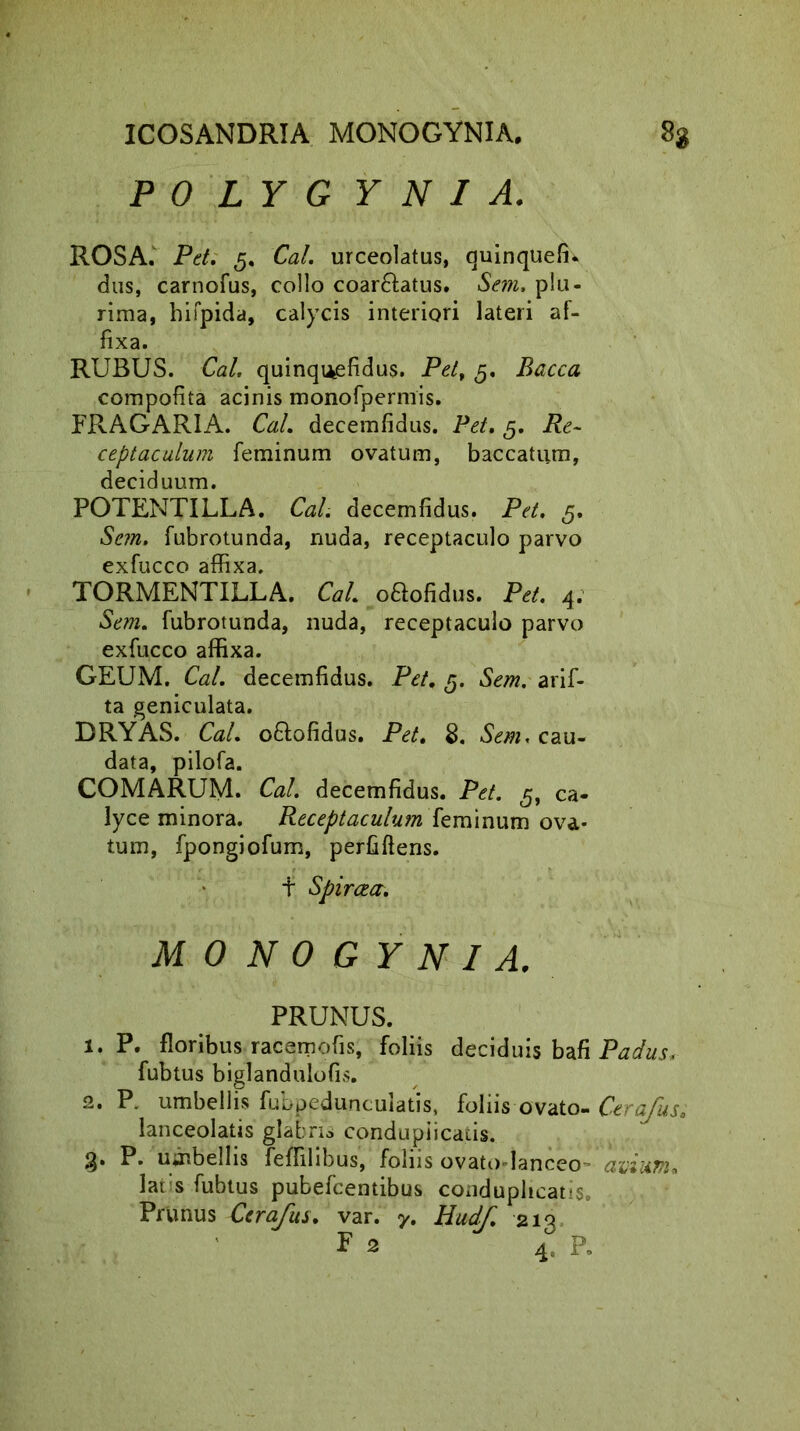 ICOSANDRIA MONOGYNIA. 8g POLYGYNI A. ROSA. Pet. 5. Cal urceolatus, quinquefi- diis, carnofus, collo coartatus. Sem, plu- rima, hifpida, calycis interiori lateri af- fixa. RUBUS. Cal, quinquefidus. Pely 5. Bacca compofita acinis monofpermis. FRAGAR1A. Cal. decemfidus. Pet. 5. Re- ceptaculum feminum ovatum, baccatum, deciduum. POTENTILLA. Cal. decemfidus. Pet. 5. Se?n. fubrotunda, nuda, receptaculo parvo exfucco affixa. TORMENTILLA. Cal oftofidus. Pet. 4. Sem. fubrotunda, nuda, receptaculo parvo exfucco affixa. GEUM. Cal. decemfidus. Pet. 5. Sem. arif- ta geniculata. DRYAS. Cal oftofidus. Pet. 8. Sem, cau- data, pilofa. COMARUM. Cal decemfidus. Pet. 5, ca- lyce minora. Receptaculum feminum ova- tum, fpongiofum, perfiftens. f Spircea. MONOGYNIA. PRUNUS. 1. P. floribus racemofis, foliis deciduis bafi Padus, fubtus biglandulofis. 2. P. umbellis fubpedunculatis, foliis ovato- Cerafus, lanceolatis glabris conduplicatis. 3* P. umbellis feffilibus, foliis ovato-Ianceo- aviam* lars fubtus pubefcentibus conduplicatis. Prunus Cerafus. var. y. Uudf 213