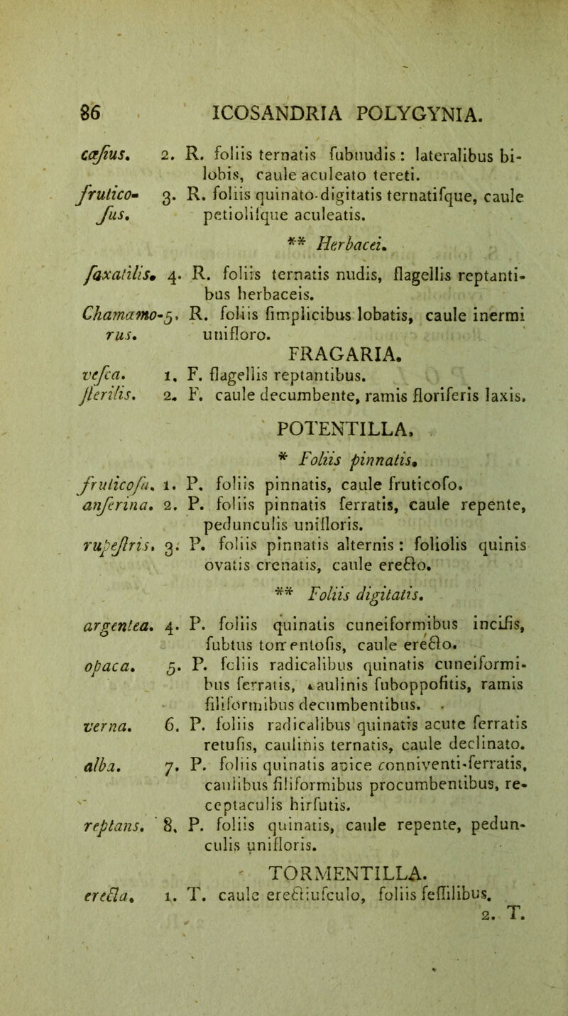 ccejius. 2. R. foliis ternatis fubnudis : lateralibus bi- lobis, caule aculeato tereti. frutico- 3. R. foliis quinato-digitatis ternatifque, caule Jus. petiolifque aculeatis. ** Herbacei. faxatilism 4. R. foliis ternatis nudis, flagellis reptanti- bus herbaceis. Chamamo~5> R. foliis fimplicibus lobatis, caule inermi rus. uni floro. FRAGARIA. vefca. 1. F. flagellis reptantibus. Jkrilis. 2. F. caule decumbente, ramis floriferis laxis. POTENTILLA, * Foliis pinnatis, frulicofa. 1. P, foliis pinnatis, caule fruticofo. anferina. 2. P. foliis pinnatis ferratis, caule repente, pedunculis unifloris. rupejlris. 3. P. foliis pinnatis alternis: foliolis quinis ovatis crenatis, caule ere£lo. ** Foliis digitatis. argentea. 4. P. foliis quinatis cuneiformibus incilis, fubtus torrentofis, caule ere&o. opaca. 5. P. foliis radicalibus quinatis cuneiformi- bus ferratis, taulinis fuboppofitis, ramis filiformibus decumbentibus. verna. 6. P. foliis radicalibus quinatis acute ferratis retufis, caulinis ternatis, caule declinato. alba. 7. P. foliis quinatis atjice conniventi-ferratis, caulibus filiformibus procumbentibus, re- ceptaculis hirfutis. reptans. 8, P. foliis quinatis, caule repente, pedun- culis unifloris. TORMENTILLA. ere£la% 1. T. caule ere&iufculo, foliis feflilibus. 2. T.