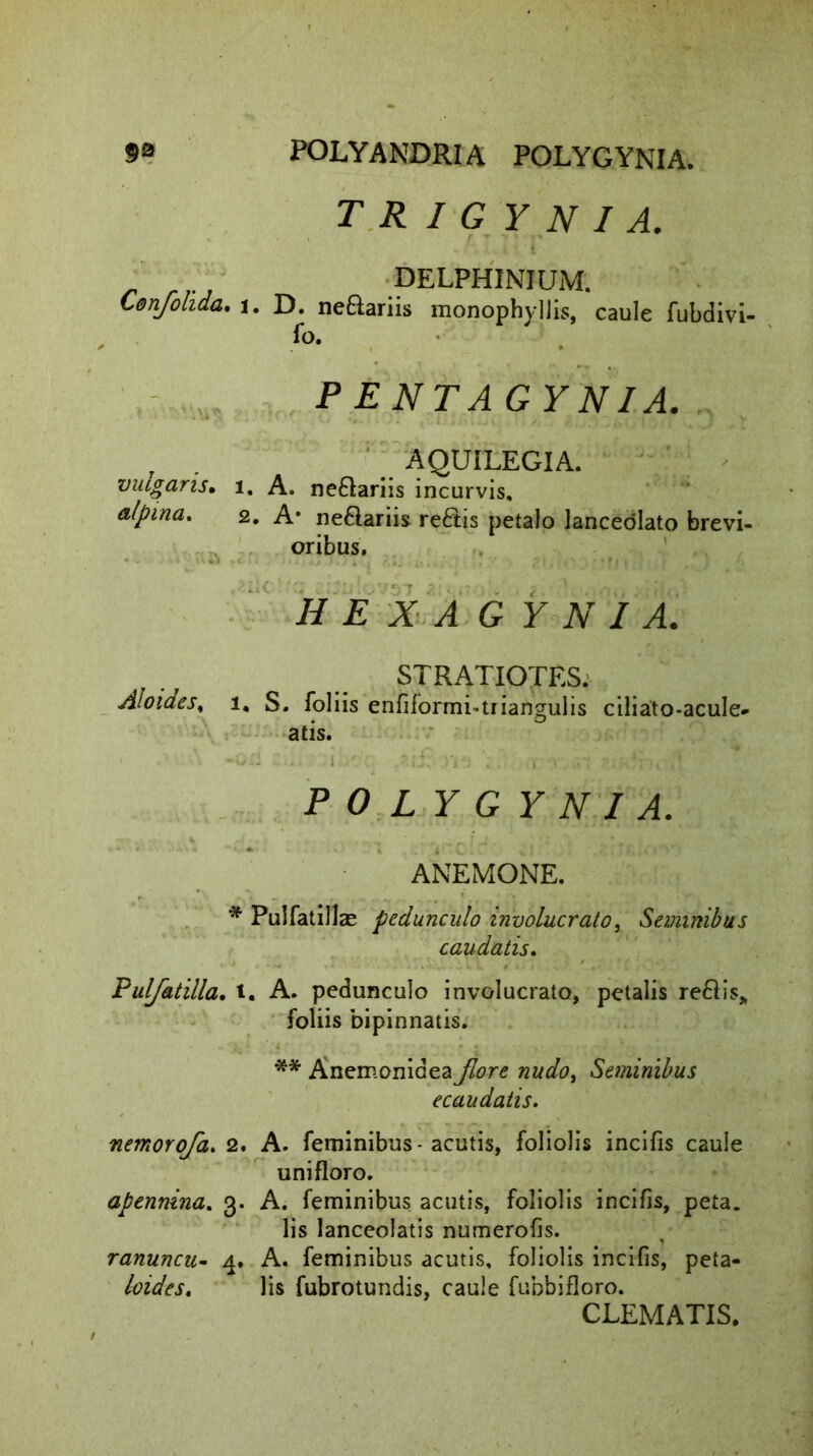 $0 Confolida. i vulgaris• i alpina. 2 .. Aloides, 1, * Pulfatilla. t nemoroja. 2. apenmna. 3. ranuncu- 4. loides. POLYANDRIA POLYGYNIA. T R I G Y N I A. i ’ i DELPHINIUM. • D. neftariis monophyllis, caule fubdivi- fo. P ENTAGYNIA. AQUILEGIA. . A. nedariis incurvis. A* nedariis redis petalo lanceolato brevi- oribus. H E X A G Y N I A. STRATIOTES. S. foliis enfiiormbtriangulis ciliato-acule- atis. POLYGYNIA. ANEMONE. Pulfatilla? pedunculo involucrato, Seminibus caudatis. . A. pedunculo involucrato, petalis redis* foliis bipinnatis. ** Anemoniaea Jlore nudo, Seminibus ecaudatis. A. feminibus - acutis, foliolis incilis caule unifloro. A. feminibus acutis, foliolis incifis, peta. lis lanceolatis numerofis. A. feminibus acutis, foliolis incifis, peta- lis fubrotundis, caule fubbifloro. CLEMATIS.