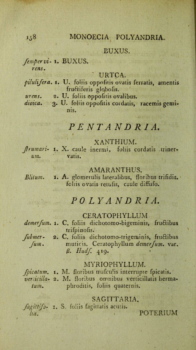 EUXUSe Jempervi- 1. BtJXUS. rens.  URTCA. pilulijera. 1. U. foliis oppofitis ovatis ferratis, amentis fru&iferis glqbofis. urens, 2, U. foliis oppofitis ovalibus. choica., 3. U. foliis oppofitis coi datis, racemis gemi- nis. PE NTA ND RIA. 1 ' XANTHIUM. Jlrumari- 1. X. caule inermi, foliis cordatis triner- um. vatis. AMARANTHUS. Blitum, l. A. glomerulis lateralibus, floribus trifidis, foliis ovatis retufis, caule diffufo. POL YA ND R IA. CERATOPHYLLUM demerjum, 1, C. foliis dichotomo-bigeminis, frudibus trifpinofis. Jubmer- 2. C. foliis dichotomo-trigerainis, frudibus Jum, muticis. Ceratophyllum demerjum, var, /2. HudJ. 419. MYRIOPHYLLUM. )picatum. 1. M. floribus mafculis interrupte fpicatis. veriiciila- 2. M. floribus omnibus verticillatis herma- tum. phroditis, foliis quaternis. SAGITTARIA, Jugiitifo- 2. S, foliis fagittatis acutis. lia. POTERIUM