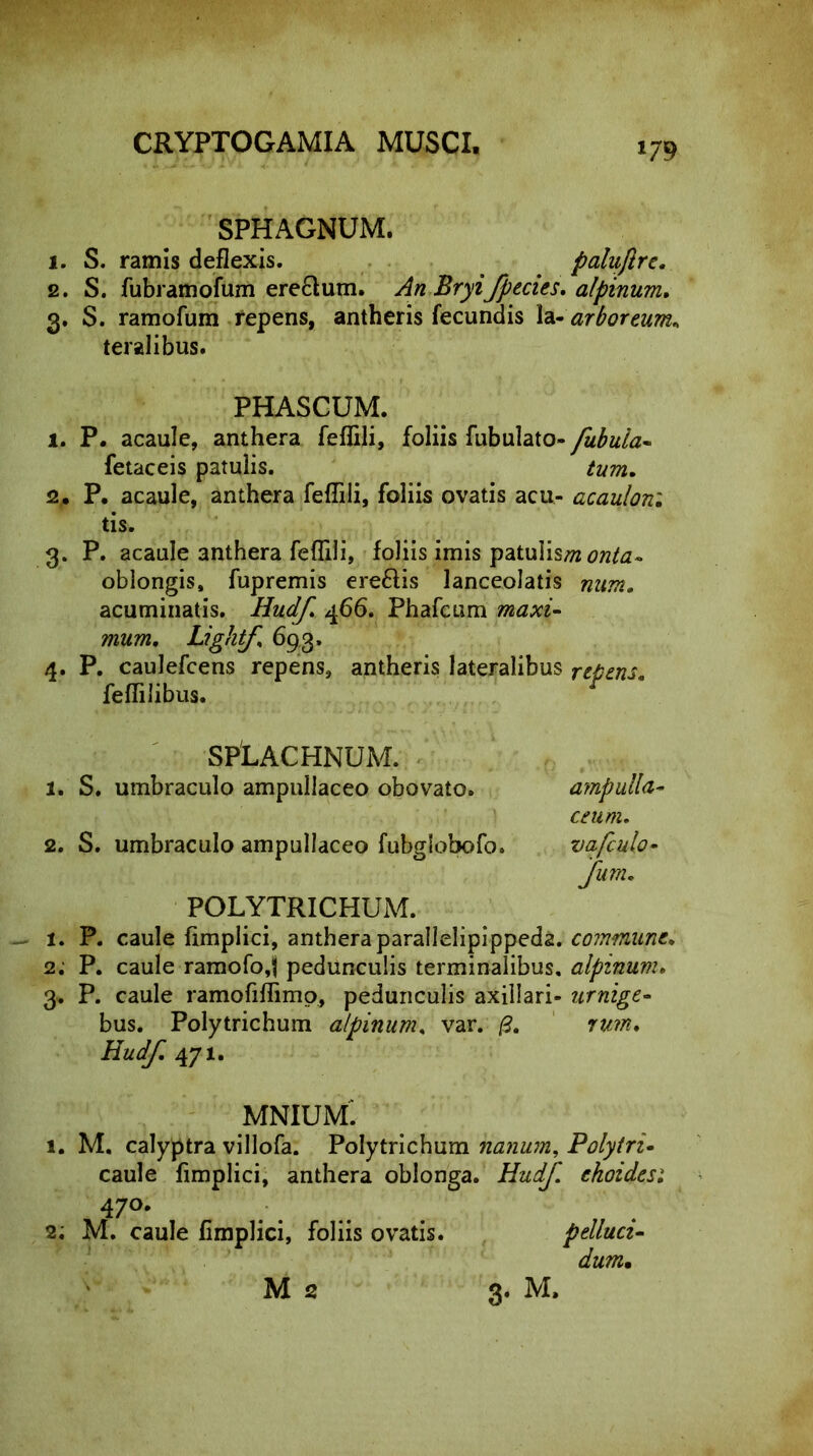 SPHAGNUM. 1. S. ramis deflexis. palujlrc. 2. S. fubramofum erectum. An Bryifpecies. alpinum. 3. S. ramofum repens, antheris fecundis Ia- arboreum* teralibus. PHASCUM. 1. P. acaule, anthera feflili, foliis fubulato- fubula- fetaceis patulis. tum. 2. P. acaule, anthera feflili, foliis ovatis acu- acaulon: tis. 3. P. acaule anthera feflili, foliis imis patulismonta- oblongis, fupremis ere&is lanceolatis num. acuminatis. Hudf. 466. Phafcum maxi- mum. Lightf. 693. 4. P. caulefcens repens, antheris lateralibus repens. fefTilibus. SPLACHNUM. 1. S. umbraculo ampullaceo obovato. a?npulla- ceum. 2. S. umbraculo ampullaceo fubglobofo. vafculo- fum. POLYTRICHUM. 1. P. caule fimplici, anthera parallelipippeda. commune. 2; P. caule ramofo,t pedunculis terminalibus, alpinum. 3. P. caule ramofiflimo, pedunculis axillari- urnige- bus. Polytrichum alpinum, var. /2. rum. Hudf. 471. MNIUM. 1. M. calyptra villofa. Polytrichum nanum, Polytri- caule fimplici, anthera oblonga. choidesi 47°- 2; M. caule fimplici, foliis ovatis. pelluci- dum.