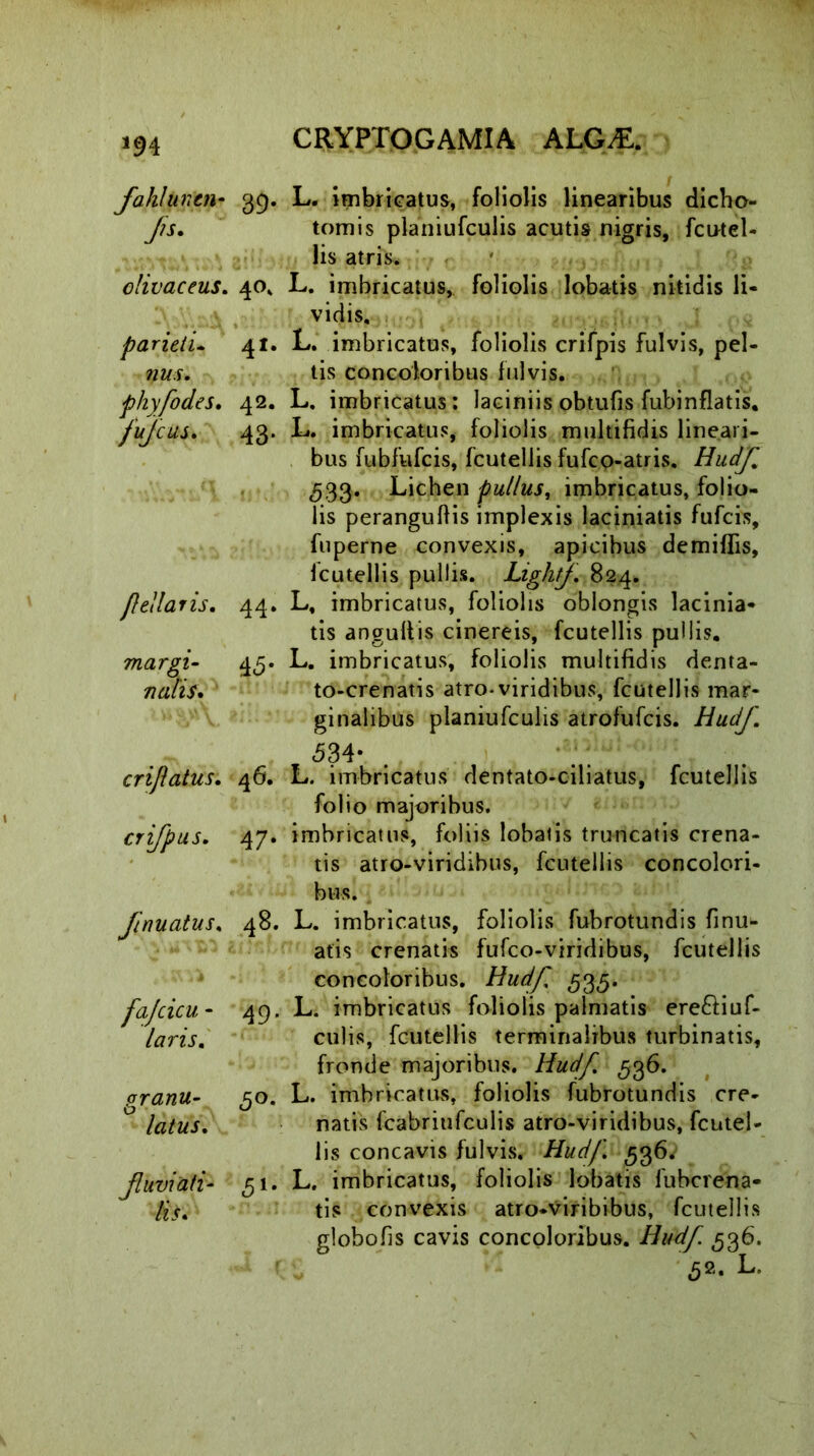 fohluncn* 39. L. imbricatus, foliolis linearibus dicho- Jis. tomis planiufculis acutis nigris, fcutel- lis atris* olivaceus. parieti* nus, phy fodes, fujcus. fellaris, margi- nalis. 40. L. imbricatus, foliolis lobatis nitidis li- vidis, 41. L. imbricatus, foliolis crifpis fulvis, pel- tis concoloribus fulvis. 42. L. imbricatus: laciniis obtufis fubinflatis. 43. L. imbricatus, foliolis multifidis lineari- bus fubfufcis, fcutellis fufco-atris. Hudfi £33. Lichen pullus, imbricatus, folio- lis peranguftis implexis laciniatis fufcis, fuperne convexis, apicibus demiflis, fcutellis pullis. Lighff. 824. 44. L, imbricatus, foliolis oblongis lacinia- tis angultis cinereis, fcutellis pullis. 45. L. imbricatus, foliolis multifidis denta- to-crenatis atro* viridibus, fcutellis mar- ginalibus planiufculis atrofufcis. Hudf. crifatus. crifpus. jnuatus. granu- latus. fluviati- lis. <534* 46. L. imbricatus dentato-ciliatus, fcutellis folio majoribus. 47. imbricatus, foliis lobatis truncatis crena- tis atro-viridibus, fcutellis concolori- bus. 48. L. imbricatus, foliolis fubrotundis finu^ atis crenatis fufco-viridibus, fcutellis concoloribus. Hudf 535. 49. L. imbricatus foliolis palmatis ere&iuf- culis, fcutellis terminalibus turbinatis, fronde majoribus. Hudf 536. go. L. imbricatus, foliolis fubrotundis cre- natis fcabriufculis atro-viridibus, fcutel- lis concavis fulvis. Hudf 536*' g\. L. imbricatus, foliolis lobatis fubcrena- tis convexis atro-viribibus, fcutellis globofis cavis concoloribus. Hudf. 536. ■ 5*. L.