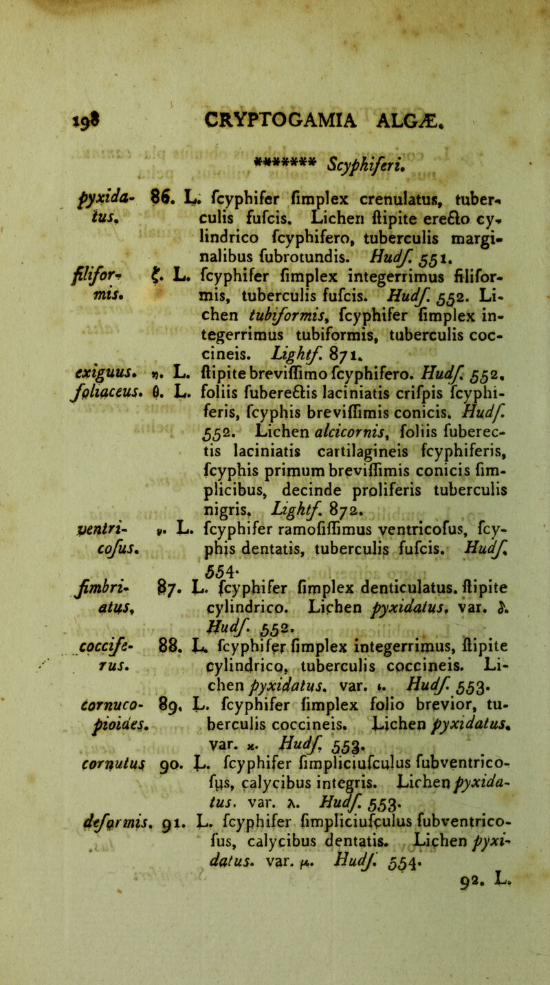 ******* Scyphi feri. pyxida tus. filifor, mis. exiguus. foliaceus 86. L. fcyphifer fimplex crenulatus, tubera culis fufeis. Lichen ftipite ere&o cy- lindrico fcyphifero, tuberculis margi- nalibus fubrotundis. Hudf 551. ?• L. fcyphifer fimplex integerrimus filifor- mis, tuberculis fufeis. Hudf 552. Li- chen tubiformis, fcyphifer fimplex in- tegerrimus tubiformis, tuberculis coc- cineis. Lightf 871. ». L. ftipite breviffimo fcyphifero. Hudf 552, 0. L. foliis fubere&is laciniatis crifpis lcyphi- feris, fcyphis breviffimis conicis. Hudf. 552. Lichen alcicornis% foliis fuberec- tis laciniatis cartilagineis fcyphiferis, fcyphis primum breviffimis conicis fim- plicibus, decinde proliferis tuberculis nigris. Lightf. 872. v L* fcyphifer ramofiffimus ventricofus, fcy- phis dentatis, tuberculis fufeis. Hudf o &54* 87. L- fcyphifer fimplex denticulatus, ftipite cylindrico. Lichen pyxidatus, var. £. Hudf. $52. 88. L. fcyphifer fimplex integerrimus, ftipite cylindrico, tuberculis coccineis. Li- chen pyxidatus. var. *. Hudf 553. 89. L. fcyphifer fimplex folio brevior, tu- berculis coccineis. Lichen pyxidatus% var. x. Hudf 553. cornutus 90. L* fcyphifer fimpliciufculus fubventrico- fys, calycibus integris. Lichen pyxida- tus. var. x. Hudf. 553. deformis. 91. L? fcyphifer fimpliciufculus fubventrico- fus, calycibus dentatis. Lichen pyxi- datus* var. /a. Hudf 5,54. 92. L. ventri- cofus. fimbri- atus, equife- rus. cornuco- pioiaes.