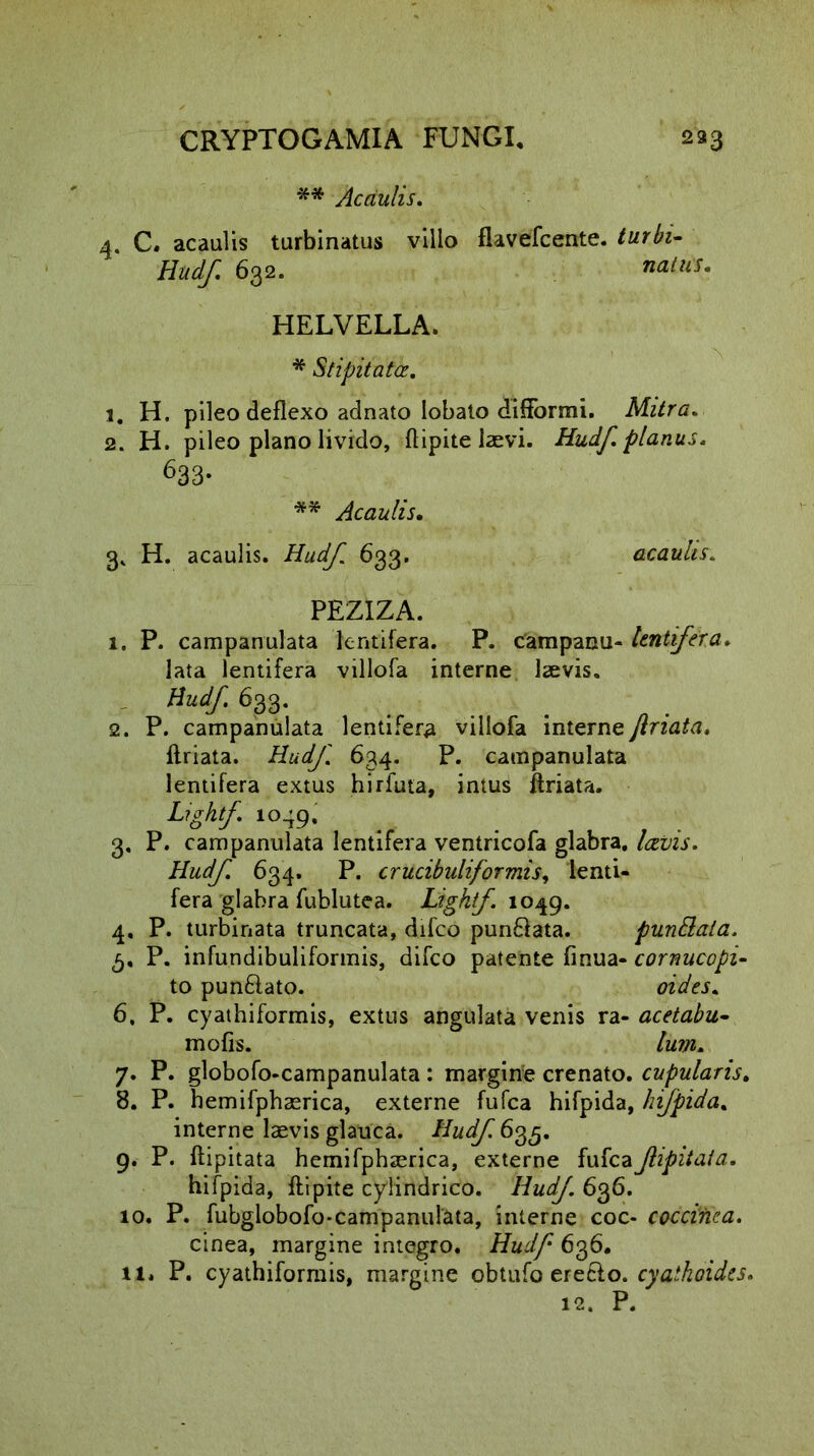 ** Ac aulis. a C. acaulis turbinatus villo flavefcente. turbi- Hudf. 632. natus. HELVELLA. * Stipitatce. 1. H. pileo deflexo adnato Iobato diftormi. Mitra. 2. H. pileo plano livido, ftipite lasvi. Hudf. planus. 633- ** Acaulis. 3. H. acaulis. 633. acaulis. PEZIZA. 1. P. campanulata lentifera. P. campanu- lentifera. lata lentifera villofa interne laevis. Had/; 633. ... 2. P. campanulata lentifera villofa interneftriata, ftriata. Hudf 634. P. campanulata lentifera extus hirfuta, intus ftriata. Ligklf. 1049. 3. P. campanulata lentifera ventricofa glabra, Hudf. 634. P. crucibuliformis, lenti- fera glabra fublutea. Lightf. 1049. 4. P. turbinata truncata, difco pun£iata. pundlala. 5. P. infundibuliformis, difco patente finua- cornucopi- is pun£iato. oides. 6. P. cyathiformis, extus angulata venis ra- acetabu- rnofis. /a?#. 7. P. globofo-campanulata : margine crenato. cupularis, 8. P. hemifphaerica, externe fufca hifpida, hifpida. interne laevis glauca. Hudf 633;. 9. P. ftipitata hemifphaerica, externe fufcaJlipitata. hifpida, ftipite cylindrico. Hudf. 636. 10. P. fubglobofo-campanulata, interne coc- coccinea. cinea, margine integro. Hudf 636. 11* P. cyathiformis, margine obtufo erecto. cyathoidts. 12. P.