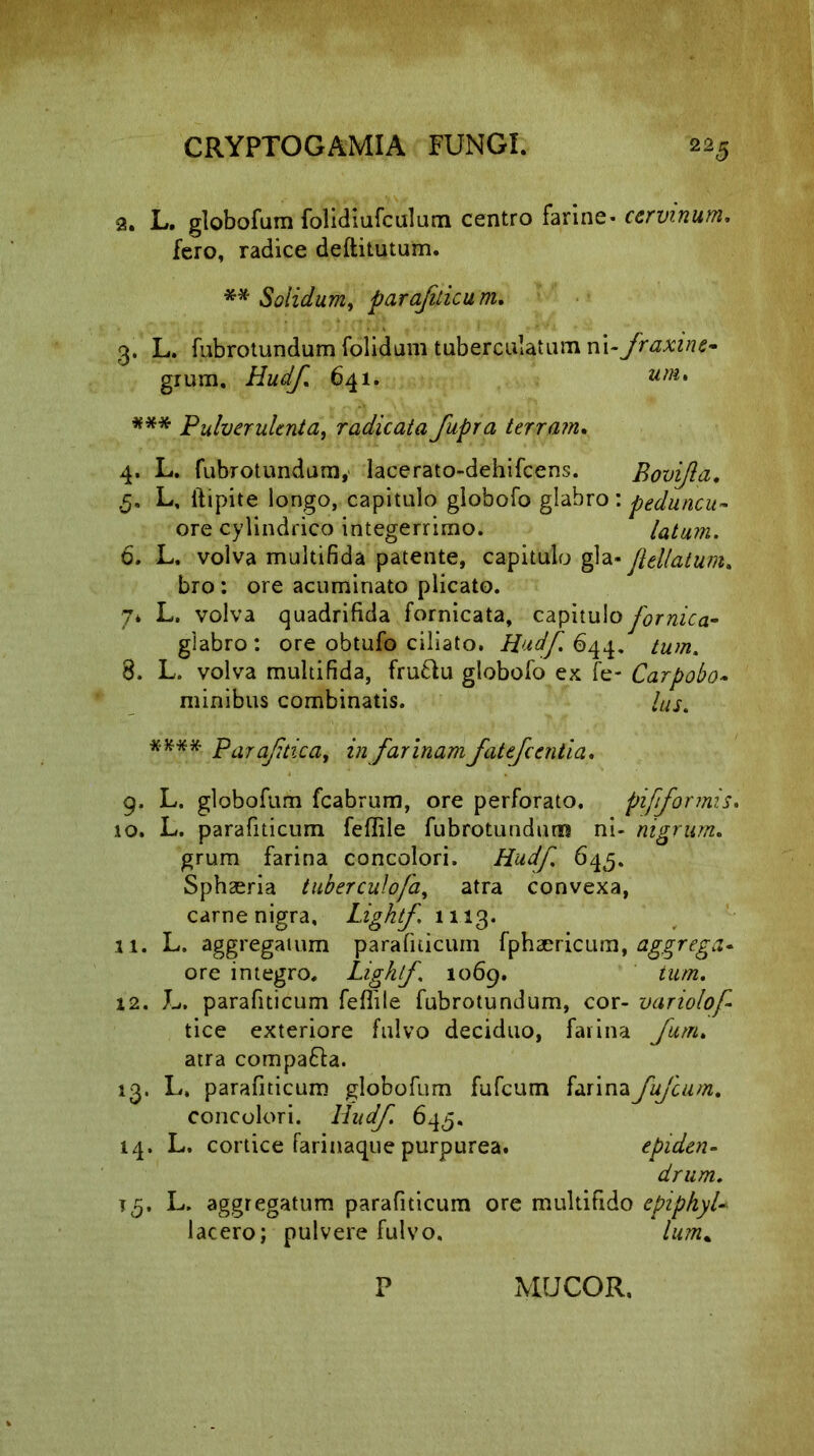 2. L. globofum folidiufculum centro farine* cervinum. fero, radice deftitutum. ** Solidum, parafiticum. 3. L. fubrotundum folidum tuberculatum n\~ fraxine* grum. Hudf 641. *** Pulverulenta, radicata fupra terram. 4. L. fubrotundum, lacerato-dehifcens. Bovijla. 5. L, ilipite longo, capitulo globofo glabro : peduncu- ore cylindrico integerrimo. latum. 6. L. volva multifida patente, capitulo gla• flellatum. bro : ore acuminato plicato. 7* L. volva quadrifida fornicata, capitulo fornica- glabro: ore obtufo ciliato. Hudf. 644. /aw. 8. L. volva multifida, fru&u globofo ex fe- Carpobo- minibus combinatis. ***** Parafitica, in farinam fatefc entia. 9. L. globofum fcabrum, ore perforato. pi[formis. 10. L. parafiticum feffile fubrotundum ni- nigrum. grum farina concolori. 645. Sph2eria tuberculofa, atra convexa, carne nigra, Lightf 1113. 11. L. aggregatum parafiticum fphaericum, aggrega* ore integro. Lighlfi 1069. tum. 12. L. parafiticum feffile fubrotundum, cor- variolof tice exteriore fulvo deciduo, farina fum. atra compa&a. 13. L. parafiticum globofum fufeum farinafufeum. concolori. Hudf. 64^5. 14. L. cortice farinaque purpurea. epiden- drum. jg. L. aggregatum parafiticum ore multifido epiphyU lacero; pulvere fulvo. P lum. MUCOR,
