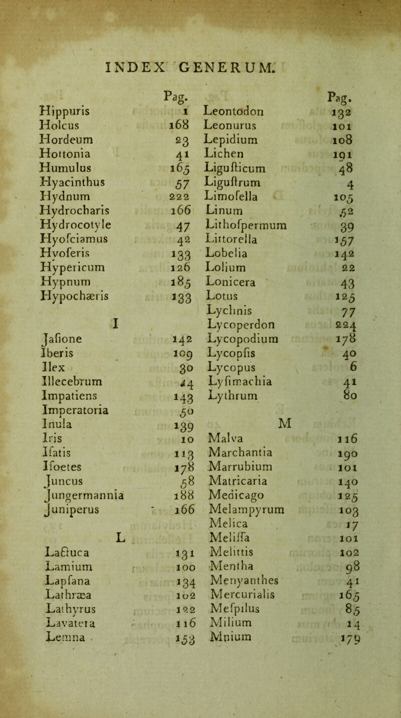 Pag. Pag. Hippuris 1 Leontodon 132 Holcus l68 Leonurus 101 Hordeum 23 Lepidium 108 Hoftonia 41 Lichen 1Q1 Humulus 165 Ligufticum 48 Hyacinthus 57 Liguftrum 4 Hydnum 222 Limofella 105 Hydrocharis 166 Linum .52 Hydrocotyle 47 Lithofpermum 39 Hyofciamus 42 Littoreila J57 Hvoferis 133 Lobelia 142 Hypericum 126 Lolium 22 Hypnum 185 Lonicera 43 Hypochaeris J33 Lotus 12 5 Lychnis 77 I Lycoperdon 224 Jafione 142 Lycopodium 178 Iberis 109 Lycopfis 40 Ilex 3o Lycopus 6 Illecebrum 44 Lyfimachia 41 Impatiens 143 Lythrum 80 Imperatoria 5° Inula 139 M Iris 10 Malva 116 liatis 113 Marchantia 190 I foetes 178 Marrubium 101 Juncus Matricaria 140 Jungermannia 188 Medicago 125 juniperus ' 166 Melampyrum 103 Melica 17 L Meliffa 101 La&uca 131 Melittis 102 Lamium 100 Mentha 98 Lapfana 3 34 Menyanthes 41 Lathrasa 1 o2 Mercurialis 165 Lathyrus 122 Mefpilus Lavateia 1 l6 Milium M Lemna *<53 Mnium 179