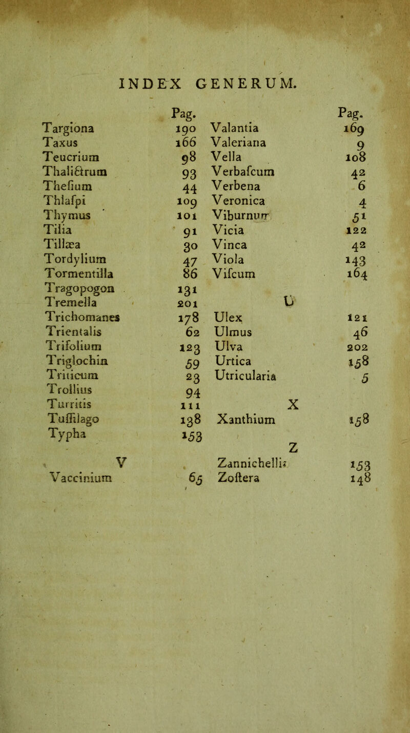 INDEX GENERUM. Pag. Pag. Targiona 190 Valantia 169 Taxus l66 Valeriana 9 Teucrium 98 Vella 108 Thali&rutn 93 Verbafcum 42 Thefium 44 Verbena 6 Thia fpi 109 Veronica 4 Thymus loi Viburnurr 51 Tilia 91 Vicia 122 Tillasa 3° Vinea 42 Tordylium 47 Viola »43 Tormentilla 86 Vifcum 164 Tragopogon Tremella 201 U Trichomanes 178 Ulex 121 Trientalis 62 Ulmus 46 Trifolium 123 Ulva 202 Triglochin 59 Urtica »58 Triticum 23 Utricularia 5 Trollius 94 Turritis 111 X Tuflilago 138 Xanthium 158 Typba »53 z V JLA Zannichelli* 153 Vaccinium 65 Zoftera 148