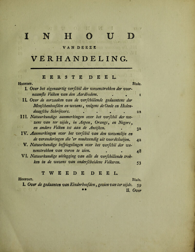 INHOUD VAN DEEZE VERHANDELING. EERSTE DEEL. Hoofdst. Bladz. I. Over het eigenaartig verfchil der wezenstrekken der voor- naam jle Volken van den Aardbodem. II. Over de oorzaaken van de verfchillende gedaantens der Menfchenhoofden en wezens, volgens de Oude en Heden- daagfche Schrijvers. .... III. Natuurkundige aanmerkingen over het verfchil der we- zens van ter zijde, in Aapen, Orangs, en Negers, en andere Volken tot aan de Antijken. IV. Aanmerkingen over het verfchil van den wezenslijn en de veranderingen die ’er noodwendig uit voordvloeijen. V. Natuurkundige befpiegelingen over het verfchil der we- zenstrekken van voren te zien. VI. Natuurkundige uitlegging van alle de verfchillende trek- ken in de wezens van onderfcheidene Volkeren. i 22 3* 42 48 53 TWEEDE DEEL. Hoofdst. Bladz. I. Over de gedaanten van Kinderhoofden, gezien van ter zijde. 59