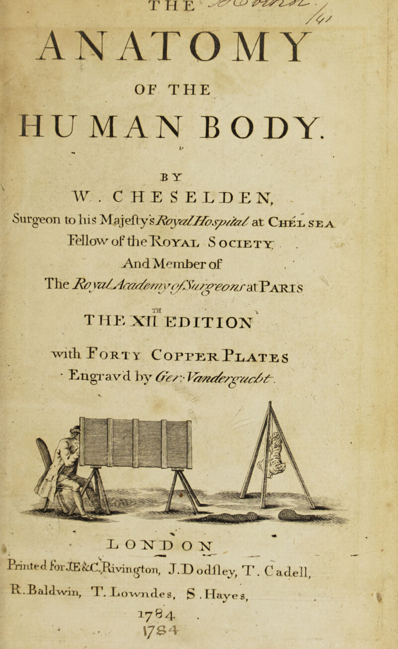 THE’ ANATOMY OF THE * / HU MAN BODY. t/ BY w . C HE S ELDEN, Surgeon to his Majefty$Roya2ITos/?/ifczl at Chel se a Eellow of theTvoYAE Society And Member of The Ro vul^4cade/r// x roffi/,rxreo7if al Eart s T HE Xif ED IT I OX with. FOUT y CoppeePlatbs Eugrav'd by Oe/. X O X D O Printed for JEfcCPdvington, J.D odftey, T. Cade II, It.Baldwin, T. Lowndes, S.Hayes, 1784 • •• 17s d /