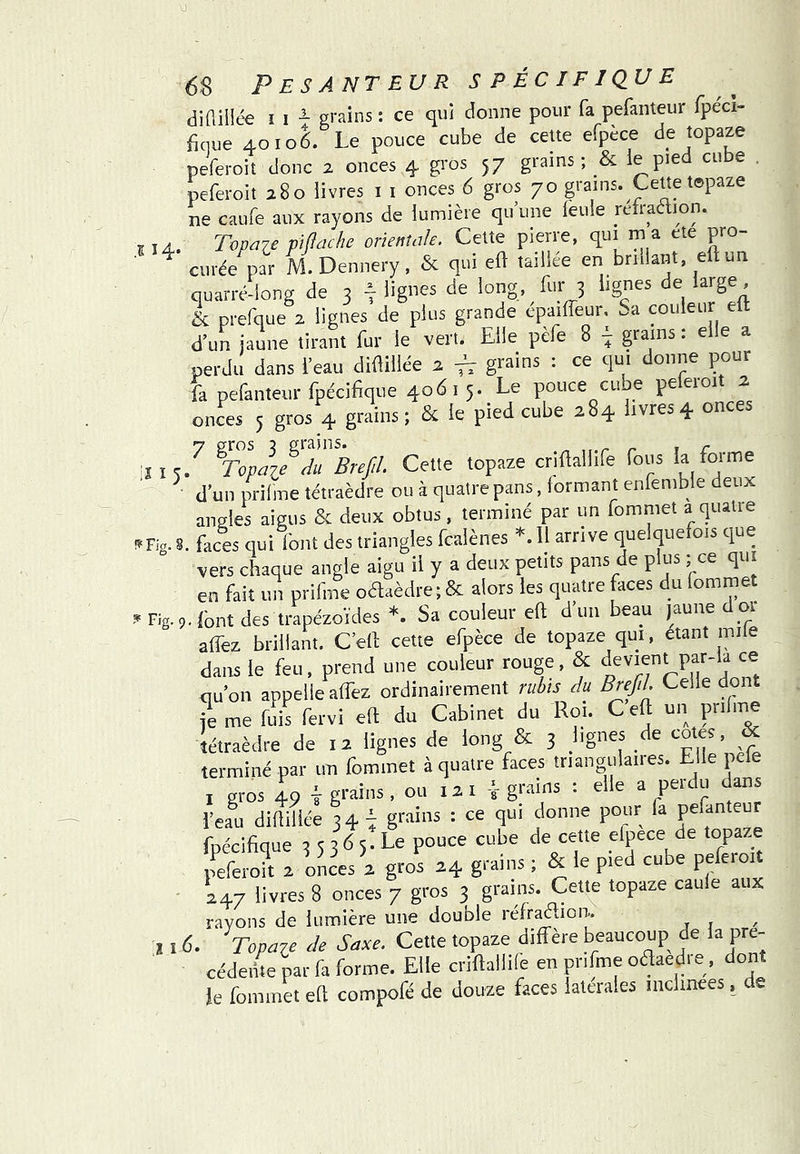 diftillée i i i grains : ce qui donne pour fa pefanteur fpe'ci- fique 40.0^.®Le pouce cube de cette efpèce de topaze peferoiî donc 2 onces 4. gros 57 grains ; & le pie en e . peferoit 280 livres i i onces 6 gros 70 grains. Ceüe t®paze ne caiife aux rayons de lumière qu’une leuie relraaion. s 14. ToDEiTe viftciche orientale. Cette pierre, qui m a ete pro- ^ curée par M.Dennery, & qui eft taillee en brillant, eft un quarré-long de 3 -f lignes de long, fur 3 lignes de large, & prefque 2 lignes de plus grande épailTeur. Sa couleur eft d’un jaune tirant fur le vert. Elle pèfe 8 \ grains : elle a perdu dans l’eau diftillée 2 fr grains : ce qui donne pour fa pefanteur fpécifique 40615. Le pouce cube peleroit 2 onces 5 gros 4 grains; & le pied cube 284 livres4 onces il 15.^ \opai^du Brefil. Cette topaze criftallife fous forme ^ d’un prilme tétraèdre ou à quatre pans, formant enfemble deux angles aigus & deux obtus, terminé par un fommet a quatre ^Fig. S. faces qui font des triangles fealènes *. 11 arrive quelquefois que vers chaque angle aigu il y a deux petits pans de plus ; ce qui en fait un prifme odaêdre; & alors les quatre faces du fommet Fig. 9. font des trapézoïdes *. Sa couleur eft d’un beau jaune d or affez brillant. C’eft cette efpèce de topaze qui, étant mile dans le feu, prend une couleur rouge, & qu’on appelle affez ordinairement rubis du Brefil Celle dont je me fuis fervi eft du Cabinet du Roi. C eft un prifme tétraèdre de 12 lignes de long & 3 lignes de cotes, & terminé par un fommet à quatre faces triangulaires. Elle pele I gros 49 i grains, ou 12 i i grains : elle a perdu dans feau diftillée 34^ grains : ce qui donne pour fa pefanteur fnécifique 5 v 5 - Le pouce cube de cette elpece de topaze feferoU 2 onces 2 gros 24 grains ; & le pied cube peferoit ' 247 livres 8 onces 7 gros 3 grains. Cette topaze caule aux rayons de lumière une double réfradion. î ï 6. Topaze de Saxe. Cette topaze diffère beaucoup de la pré- cédente par fl forme. Elle criftallife en prifme odaedre, dont ie fommet eft compofé de douze faces latérales inclinées. de