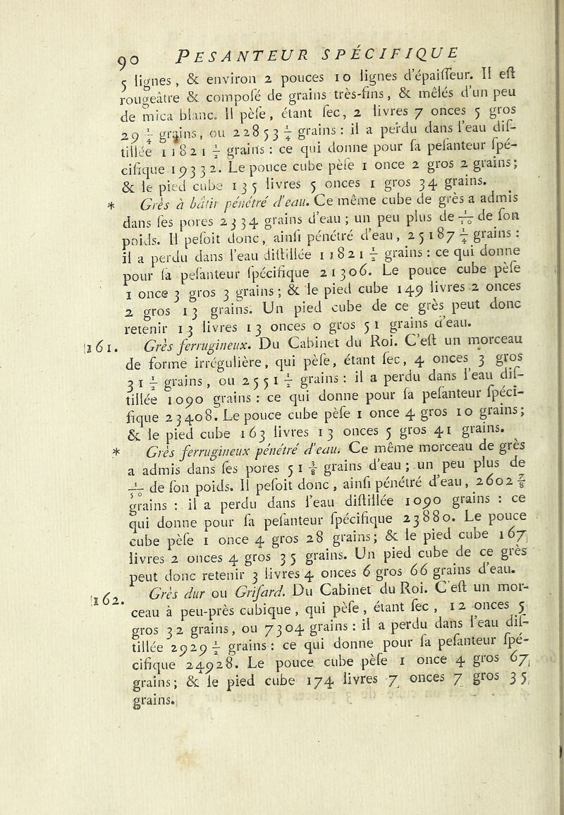 C [mies, & environ 2 pouces 10 lignes depailTeur. îl eft rougeâtre & compofé de grains très-fins, & mêlés d’un peu de fnica blanc. Il pèfe, étant fec, 2 livres 7 onces 5 gros 2.0 ^ grÿns, ou 228 53 J grains : il a perdu dans l’eau dif- lillée 11821 7 grains : ce qui donne pour fa pelanteur Ipe- cifique 1^332. Le pouce cube pèfe i once 2 gros 2 grains; & le pied cube 13 5 livres 5 onces i gros 34 grains. ^ Grès à hânr pénétré d’eau. Ce même cube de grès a admis dans Tes pores 2334 grains d’eau ; un peu plus dede fon poids. U pefoit donc, ainfi pénétré d’eau, 25187^ grains : il a perdu dans l’eau dillillée 118217 grains : ce qui donne pour la pefanteur Ipécifique 21306. Le pouce cube pèle I onc® 3 gros 3 grains ; & le pied cube 149 livres 2 onces 2, gros 13 grains. Un pied cube de ce grès^ peut donc retenir i 3 livres i 3 onces o gros 5 1 grains d eau. Iï6i. Grès ferrugineux. Du Cabinet du Roi. C’efl un morceau de forme irrégulière, qui pèfe, étant fec, 4 onces^ 3 gnos 5 I 4 grains, ou 25 51 7 grains ; il a perdu dans ieau dis- tillée loqo grains: ce qui donne pour fa pefanteur Ipeci- fque 23408. Le pouce cube pèfe i once 4 gros 10 giains; 6 le pied cube 163 livres 13 onces 5 gros 41 grains. ^ * Grès ferrugineux pénétré d’eau. Ce même morceau de grès a admis dans fes pores 5 i i grains d’eau ; un peu plus de -i- de fon poids. Il pefoit donc , ainfi pénétré d’eau , 26028 grains : il a perdu dans l’eau difliilée 1090 grains : ce qui donne pour fi pelanteur fpecifique 23880. Le pouce cube pèfe i once 4 gros 28 grains; & le pied cube 167, livres 2 onces 4 gros 3 5 grains. Un pied cube de ce gies peut donc retenir 3 livres 4 onces 6 gros 66 grains d eau. r 7, Grès dur ou Grifard. Du Cabinet du Roi. C efi; un moi- ^ ’ ceau à peii-près cubique , qui pèfe , étant fec , 12 ^p»ces 5^ gros 32 grains, ou 7304 grains : il a perdu dans leau dil- tillée 2^277 grains: ce qui donne pour fa pefanteur Ipe- cifique 24728. Le pouce cube pèfe i once 4 gros 6/^ grains; & le pied cube 174 flores 7, onces 7 3 5; grains. I