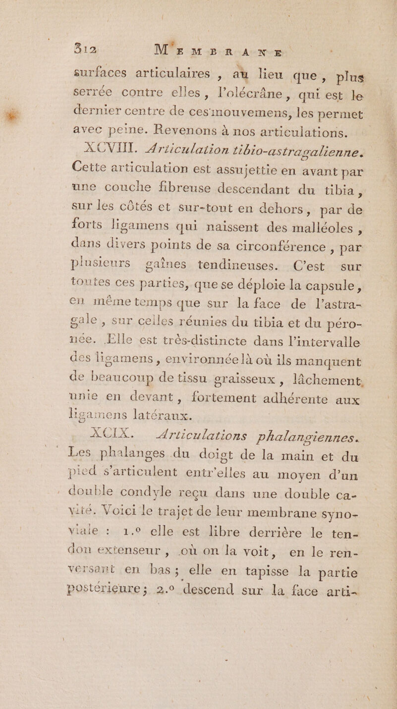 surfaces articulaires Ê au lieu que, plus serrée contre elles, l’olécrâne, qui est le dernier centre de cesinouvemens, les permet avec peine. Revenons à nos articulations. XCVIIT. Ariiculation tbio-astragalienne. Cette articulation est assujettie en avant par une couche fibreuse descendant du tibia, sur les côtés et sur-tout en dehors » par | forts ligamens qui naissent des lee ; dans divers points de sa circonférence , par plusieurs gaînes tendineuses. (C’est sur toutes ces parties, que se déploie la capsule, en même temps que sur la face de l’astra- gale , sur celle es réunies du tibia et du péro- nce. Elle est très-distincte dans l’intervalle des lisgamens , environnée là où ils manquent de be AUCOUP à. tissu graisseux , lâchement. unie en devant, fortement adhérente aux ligamens re XCIX. Articulations phalangiennes. Les ph alanges du doigt de la main et du pied s HR entr are au moyen d’un double condyle recu dans une double ca- viié. Voici le trajet de leur membrane Syno- Viaie : 1.0 elle est libre derrière le ten- don extenseur , où on la voit, en le ren- versant en ae elle en tapisse la partie postérieure; 2.0 descend sur la face arti-