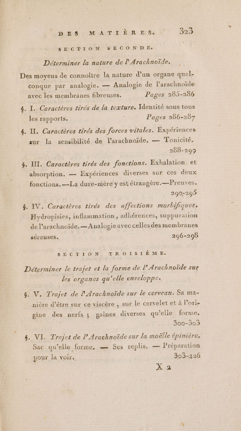 S EC FI ON SE) CrO!: ND: E+% Déterminer la nature de l’Arachnoïde. Des moyens de connoître la nature d’un organe quel- conque par analogie. — Analopie de l'arachnoïde avec les membranes fibreuses. Pages 285-286 &. I. Caractères tirés de la texture. dentité sous tous les rapports. + Pages 266-287 6. II. Caractères tirés des forces vitales. Expériences sur la sensibilité de l’arachnoïde. — Tonicité. 288-299 $&. INT. Caractères tirés des fonctions. Exhalation et absorption. — Expériences diverses sur ces deux ‘fonctions. —La dure-mère y est étrangère.—Preuves. 290-299 $&. IV. Caractères tirés des affections morbifiques. Hydropisies, inflammation, adhérences, suppuration de l’arachnoïde.— Analogieavec celles des membranes séreuses. : 206-208 SECTION. TROISIÈME, Déterminer le trajet et la forme de l’ Arachnoïde sur Les organes qu’elle enveloppe» $&. V. Trajet de ? Arachnoïde sur Le cerveau. Sa ma- nière d’être sur ce viscère , sur le cervelet et à l’orir gine des nerfs ; gaines diverses qu’elle forme. 300-303 &. VI. Trajet de l Arachnoïde sur la moëlle épinière, Sac qu’elle forme, …— Ses replis. — Préparation pour la voir. 303-226 X 2