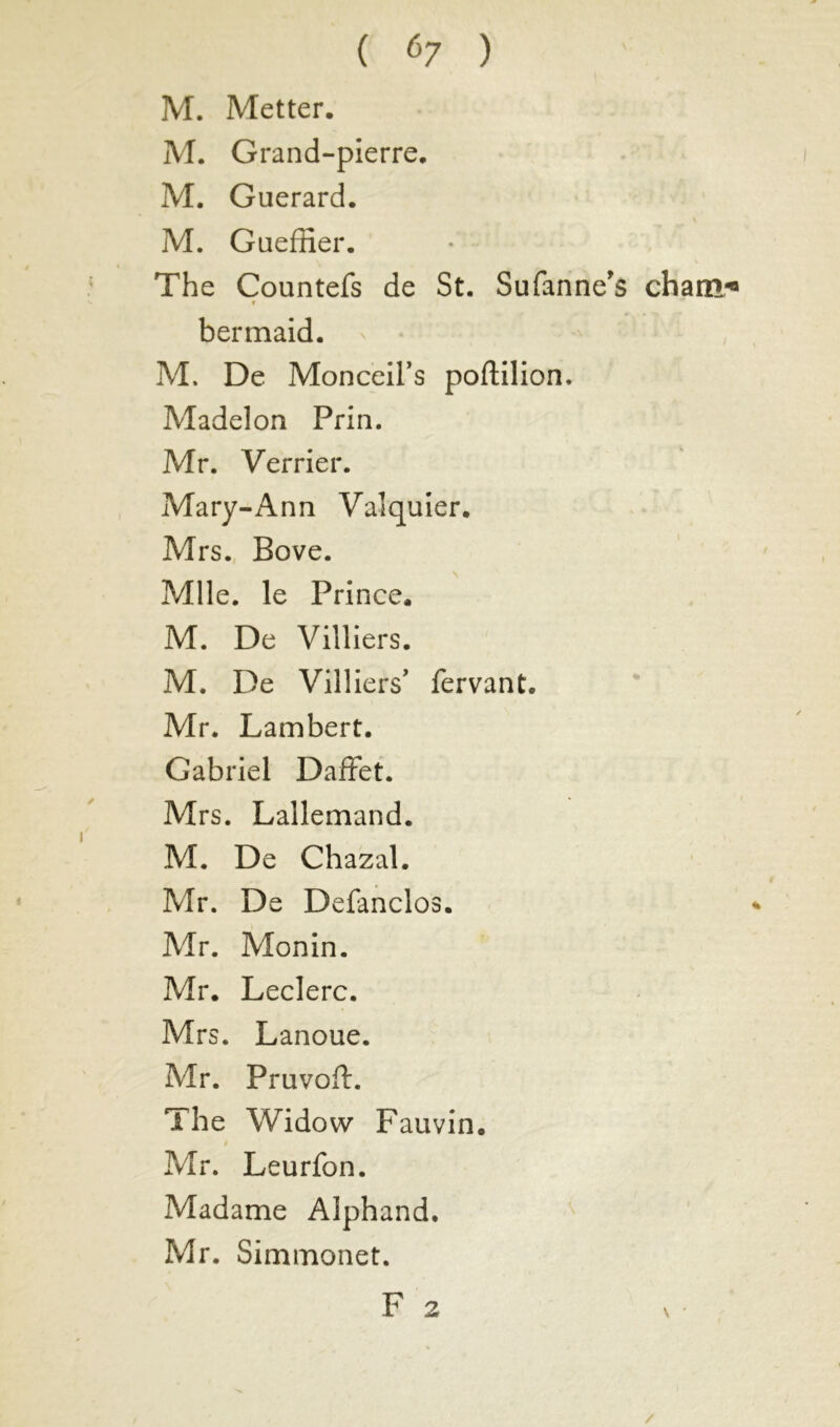 M. Metter. M. Grand-pierre. M. Guerard. M. Gueffier. The Countefs de St. Sufanne’s chain* V bermaid. M, De Monceil’s poftilion. Madelon Prin. Mr. Verrier. Mary-Ann Valquier. Mrs. Bove. Mlle, le Prince. M. De Viiliers. M. De Villiers’ fervant. Mr. Lambert. Gabriel Daffet. Mrs. Lallemand. M. De Chazal. Mr. De Defanclos. Mr. Monin. Mr. Leclerc. Mrs. Lanoue. Mr. PruvofL The Widow Fauvin. # Mr. Leurfon. Madame Alphand. Mr. Simmonet. F 2 v •