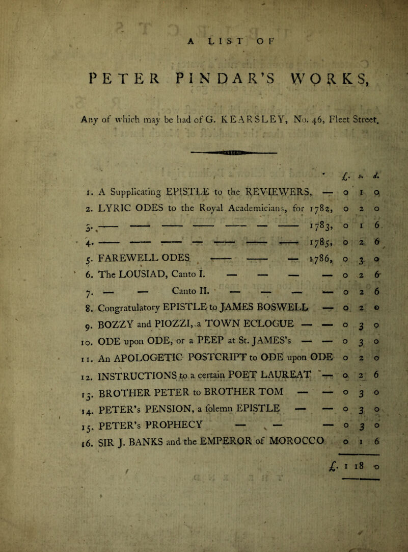 A LIST OF' PETER PINDAR’S WORKS, Any of which may be had of G. KEARSLEY, No. 46, Fleet Street. < Z* d, 1. A Supplicating EPISTLE to the REVIEWERS, — 010 2. LYRIC ODES to the Royal Academicians, for 1782, 020 S*. — j783. 0 1 6 • 4, ? — 1785, 026 5. FAREWELL ODES — 1786, 030 * 6. The LOUSIAD, Canto I. — — — — o 2 & y. — — Canto II. — — — w. 026 8. Congratulatory EPISTLE to JAMES BOSWELL —02© 9. BOZZY and PIOZZI, a TOWN ECLOGUE — — 030 10. ODE upon ODE, or a PEEP at St. JAMES’s — — 030 11. An APOLOGETIC POSTCRIPT to ODE upon ODE 020 12. INSTRUCTIONS to a certain POET LAUREAT -—026 13. BROTHER PETER to BROTHER TOM — —030 14. PETER’s PENSION, a folemn EPISTLE — — 030 15. PETER’s PROPHECY — v — —030 16. SIR J. BANKS and the EMPERQR of MOROCCO o 1 6 1 18 -o