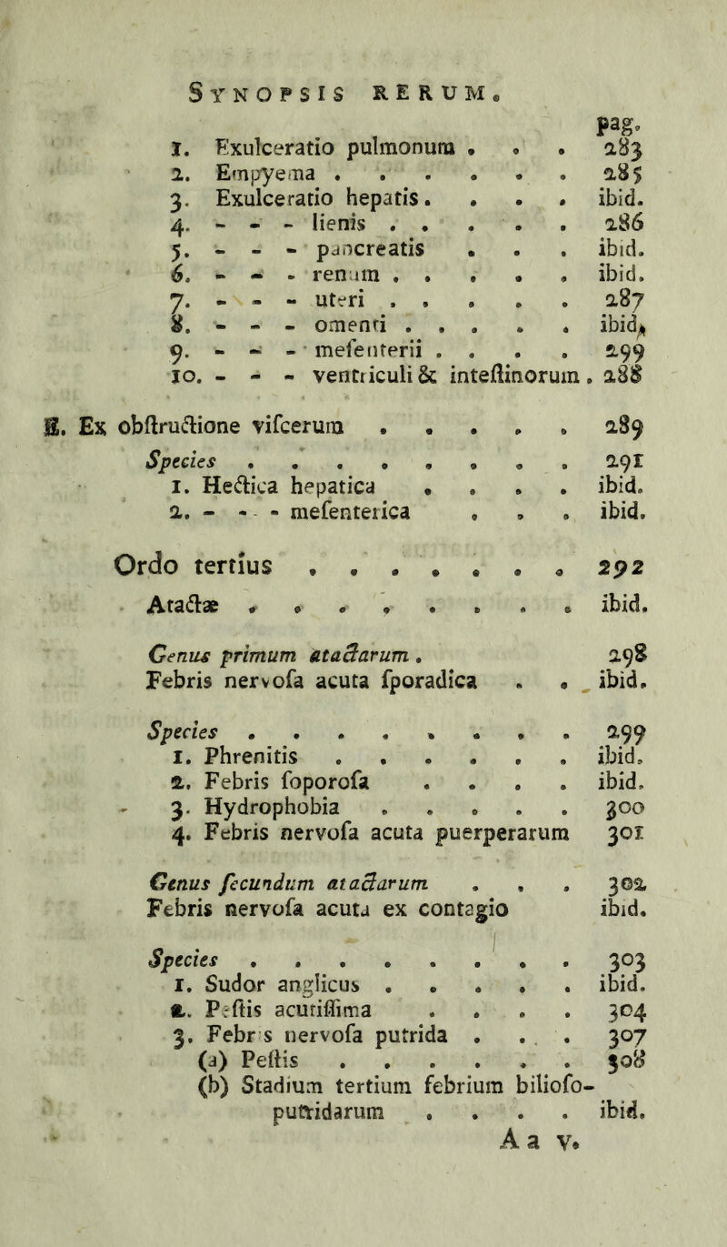pag. 1. Exulceratio pulmonum • 283 2. Empyema . . 28$ 3, Exulceratio hepatis. • ibid. 4. - - - lienis . , . 286 5. - - - pancreatis . ibid. . renum . . , ibid. 7. - - - uteri . . . 287 - - - omenri . . . ibid^ 9. - - - ’ mefenterii . . 299 IO. - - - ventriculi & inteftinorum . 288 obftru(n:ione vifcerum , 289 Species 291 I. Hedlica hepatica • • • • ibid. a. - - - - mefenterica 9 ibid. Ordo tertius • • . . e 9 9 292 . Atadlae ^ . 9 ibid. Genus primum ataBarum. 29S Febris nervofa acuta fporadica » 9 ibid. Species • . • . » 299 I. Phrenitis • 9 . ibid. 2.. Febris foporofa • • , ibid. 3. Hydrophobia • • . 300 4. Febris nervofa acuta puerperarum 301 Genus fecundum ataBarum • 302 Febris nervofa acuta ex contagio ibid. Species ..... 303 I. Sudor anglicus . • ibid. fi. Peftis acutiflima 3«^4 3. Febr s nervofa putrida 307 (a) Pellis . . . 508 (b) Stadium tertium febrium biliofo- puaidarum . . . ibid. A a V*