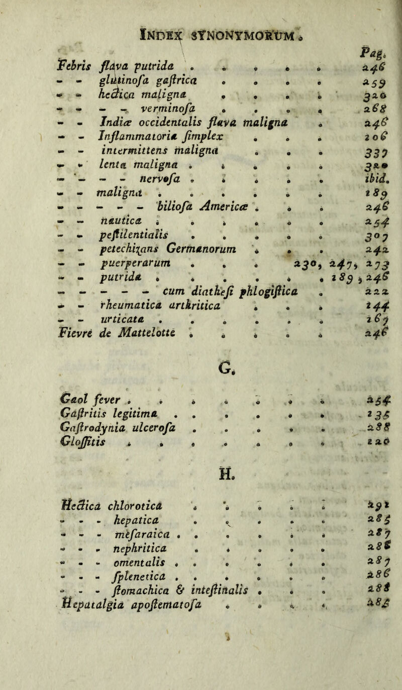 febris fldva ‘putrida '. . , - - glutinofa gajirica • • • • helica maligna • , • - - verpiinofa • , - - Jndia occidentalis flava maligna - - Inflammatoria fimplex - - intermittens maligna •• *• ■ lenta maligna . 4 • - - - Herv»fa , 4 * » -> maligna .... ----- ‘biliofa America \ - - nautica « . 4 , - - peflilentialis • . . - - petechi^ans Germanorum \ - - puerperarum • , , - - putrida , , . , cum diatkeji phlogiflica - - rheumatica arthritica . - - urticata .... Fievre de MattelotU • , * Pagi ^59 aes a^e zoG 337 ibid, t 8q a/e ^54 3^7 ^479 ^73 i8^ i azx i 44 t€j G. Caol fever . 4 • « Garritis legitima . . • Gafirodynia ulcerofa Cloflitis 44.. H. TieBica chlorotica - - - hepatica . . - - - mefaraica . . . - - - nephritica . * - - - omentalis . . . - - - fpUnetica . . . - - - ftomachica & inteftinalis tiepatalgia apoftematofa ii.88 2 a.8g asy a8>) ase a8S