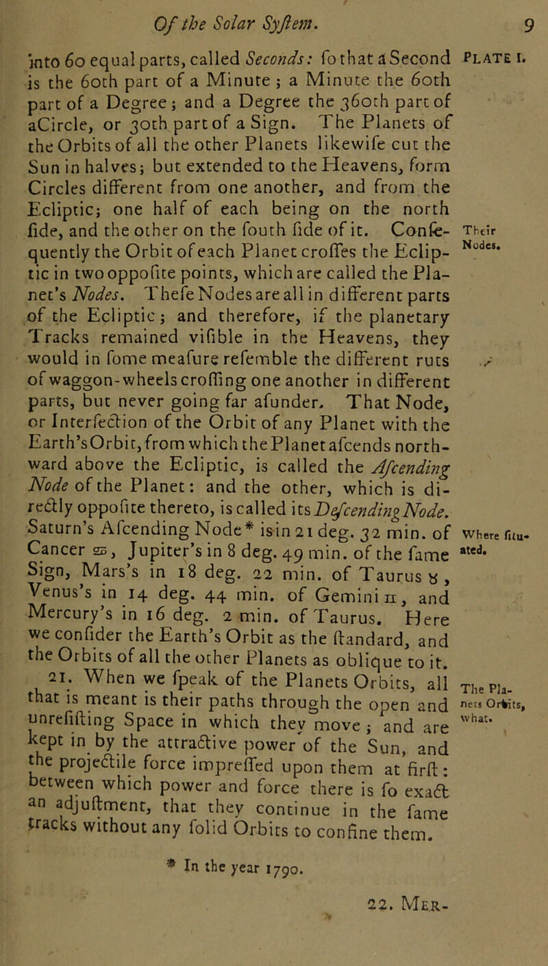 mto 6o equal parts, called Seconds: fothat a Second is the 6oth part of a Minute ; a Minute the 6oth part of a Degree; and a Degree the 360th part of aCircle, or 30th part of a Sign. The Planets of the Orbits of all the other Planets likewife cut the Sun in halves; but extended to the Pleavens, form Circles different from one another, and from the Ecliptic; one half of each being on the north fide, and the other on the fouth fide of it. Confc- quently the Orbit of each Planet croffes the Eclip- tic in two oppofite points, which are called the Pla- net’s Thefe Nodes are all in different parts of the Ecliptic; and therefore, if the planetary Tracks remained vifible in the Heavens, they would in fome meafure refemble the different ruts of waggon-wheels croffing one another in different parts, but never going far afunder. That Node, or Interfeclion of the Orbit of any Planet with the Earth’sOrbit, from which the Planet afeends north- ward above the Ecliptic, is called the AJeending Nodeo{\\\t Planet: and the other, which is di- reaiy oppofite thereto, is called \i^DfcendingNode. Saturn’s Afcending Node* isin 21 deg. 32 min. of Cancer 2s, Jupiter’s in 8 deg. 49 min. of the fame Sign, Mars’s in 18 deg. 22 min. of Taurus « , Venus s in 14 deg. 44 min. of Gemini n, and Mercury’s in 16 deg. 2 min. of Taurus. Here we confider the Earth’s Orbit as the ftandard, and the Orbits of all the other Planets as oblique to it. 21. When we fpeak of the Planets Orbits, all that is meant is their paths through the open and unrefifting Space in which they move; and are kept in by the attradive power'of the Sun, and the projeftile force impreffed upon them at drll: between which power and force there is fo exaft an adjuftment, that they continue in the fame Jracks without any folid Orbits to condne them. * In the year 1790. Plate i. Their Nodes. Where fitu- ated. The P!a- nets Orbits, what. 22. MeR-