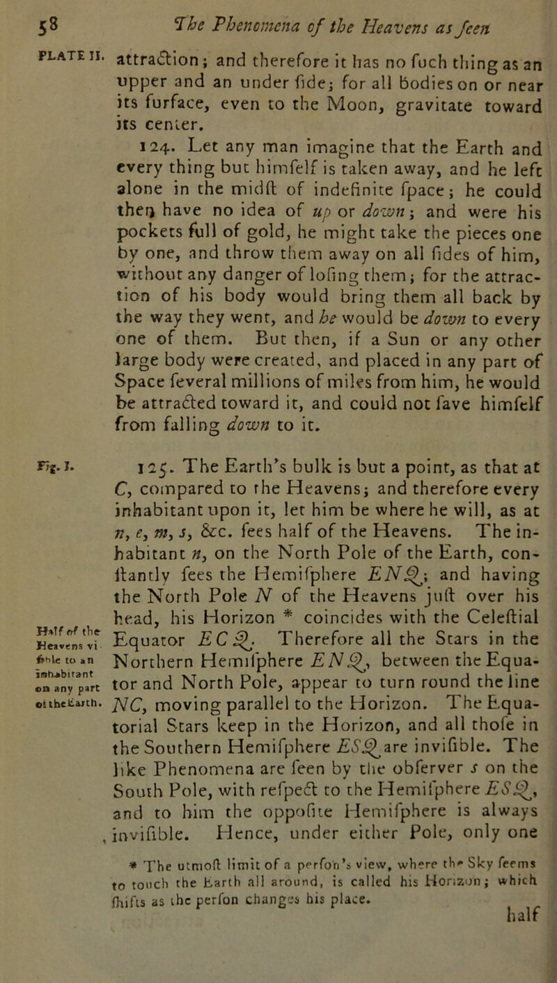 PLATE II. F?S-1. H»If rtf the Hea vens vi <»hle to nn inhabitant on any part ottbeltanh. attraction; and therefore it has no fuch thing as an upper and an under fide; for all bodies on or near its furface, even to the Moon, gravitate toward its center. 124. Let any man imagine that the Earth and every thing but himfelf is taken away, and he left alone in the midll of indefinite fpace; he could then have no idea of up or down\ and were his pockets full of gold, he might take the pieces one by one, and throw them away on all fides of him, without any danger of lofing them; for the attrac- tion of his body would bring them all back by the way they went, and he would be down to every one of them. But then, if a Sun or any other large body were created, and placed in any part of Space feveral millions of miles from him, he would be attracted toward it, and could not fave himfelf from falling down to it. 125. The Earth’s bulk is but a point, as that at C, compared to the Heavens; and therefore every inhabitant upon it, let him be where he will, as at n, £, w, s, &c. fees half of the Heavens. The in- habitant «, on the North Pole of the Earth, con- llantly fees the Hemifphere EN^-, and having the North Pole N of the Heavens juft over his head, his Horizon * coincides with the Celeftial Equator EC^. Therefore all the Stars in the Northern Hemifphere EN^, between the Equa- tor and North Pole, appear to turn round the line NC, moving parallel to the Horizon. The Equa- torial Stars keep in the Horizon, and all thole in the Southern Hemifphere ES^zre invifible. The like Phenomena are feen by the obferver s on the South Pole, with refpeCl to the Hemifphere ESS^, and to him the oppofue Hemifphere is always invifible. Hence, under either Pole, only one ♦ The utmofl limit of a perfon’i view, where thi* Sky Teems to touch the tarth all around, is called bis Horizon; which fhifis as the perfon changes his place. half