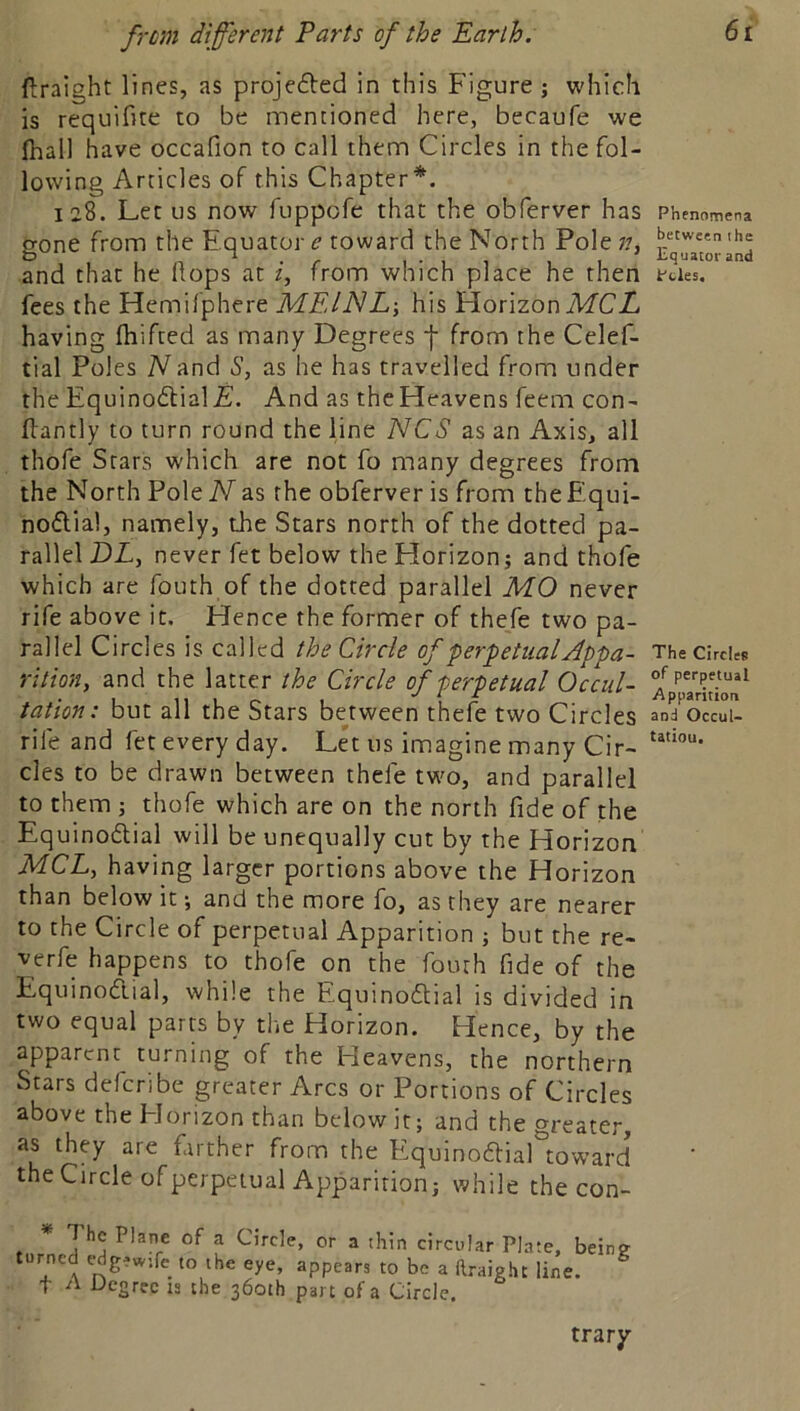 ftraight lines, as projefled in this Figure ; which is requifite to be mentioned here, becaufe we lhall have occafion to call them Circles in the fol- lowing Articles of this Chapter*. 128. Let us now fuppofe that the obferver has Phenomena eone from the Equator toward the North Pole;/, |>.^tweenihe O 1-11 1 -hquatorand and that he Hops at z, from which place he then eues. fees the Hemifphere MEJNL-, his HorizoniVfCZ. having fhifted as many Degrees j- from the Celef- tial Poles Nand S, as he has travelled from under the Equino6lial£. And as the Heavens feem con- flantly to turn round the line NCS as an Axis, all thofe Stars which are not fo many degrees from the North Pole N as the obferver is from theEqui- noftial, namely, the Stars north of the dotted pa- rallel DA, never fet below the Horizon; and thofe which are fouth of the dotted parallel MO never rife above it. Hence the former of the/e two pa- rallel Circles is called the Circle of fer'petiialAppa- The circles rition, and the latter the Circle of-perpetual Occul- tation: but all the Stars between thefe two Circles and Occul- rife and fet every day. Let us imagine many Cir- cles to be drawn between thefe two, and parallel to them ; thofe which are on the north fide of the Equinodial will be unequally cut by the Horizon MCL, having larger portions above the Horizon than below it; and the more fo, as they are nearer to the Circle of perpetual Apparition ; but the re- verfe happens to thofe on the fouth fide of the Equinoctial, while the Equinodial is divided in two equal parts by the Horizon. Hence, by the apparent turning of the Heavens, the northern Stars deferibe greater Arcs or Portions of Circles above the Horizon than below it; and the greater, as they are farther from the Equino61iartoward the Circle of perpetual Apparition; while the con- * T he Plane of a Circle, or a thin circular Plate, being turned edgewtfe to the eye, appears to be a ftraiglu line, t Degree is the 360th part of a Circle. trary