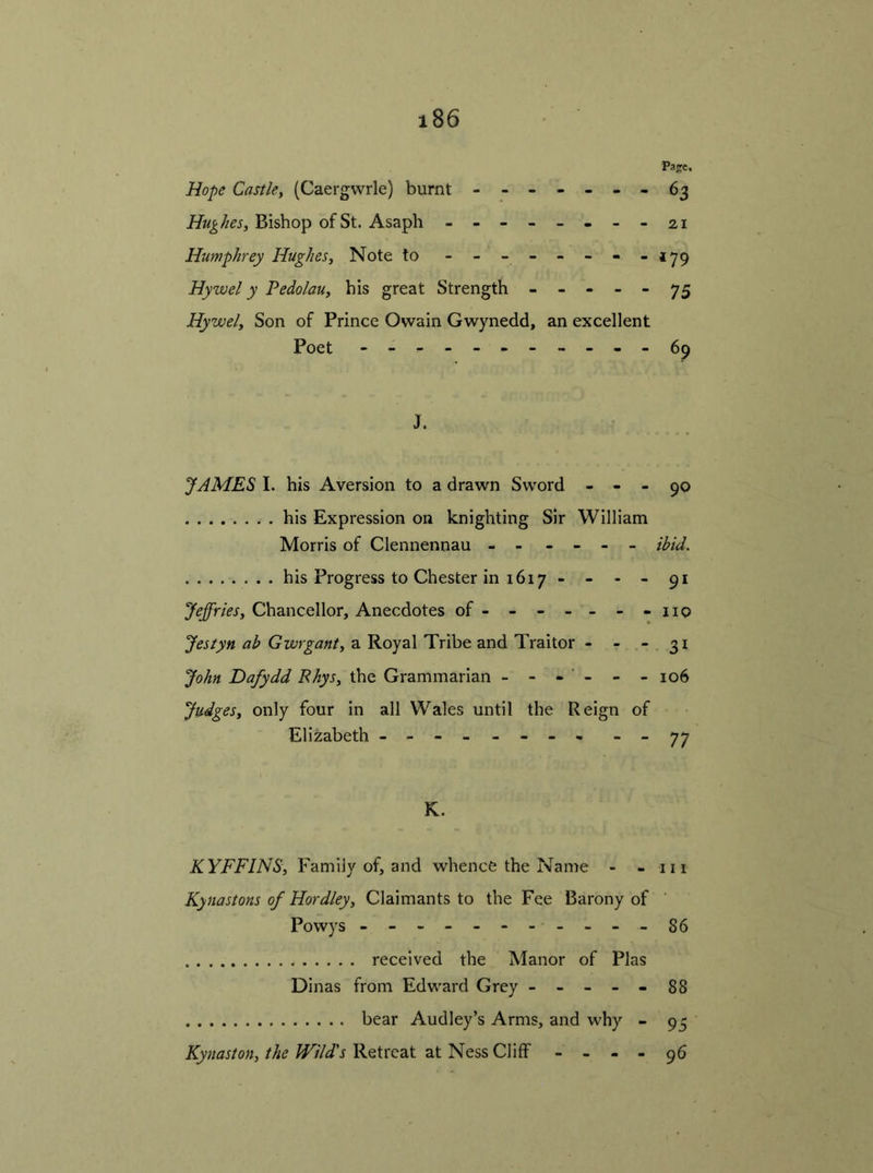 Pa^c. Hope Castle, (Caergwrle) burnt - -- -- --63 Hughes, Bishop of St. Asaph - -- -- -- -21 Humphrey Hughes, Note to -------- *79 Hywel y Pedolau, bis great Strength ----- 75 Hywel, Son of Prince Owain Gwynedd, an excellent Poet - -- -- -- -- --69 J. JAMES I. his Aversion to a drawn Sword - - - 90 his Expression on knighting Sir William Morris of Clennennau - - - - - - ibid. his Progress to Chester in 1617 - - - - 91 Jeffries, Chancellor, Anecdotes of- - - - - - - no Jestyn ab Gwrgant, a Royal Tribe and Traitor ---31 John Dafydd Rhys, the Grammarian - - - ' - - -106 Judges, only four in all Wales until the Reign of Elizabeth - -- -- -- - - -77 K. KYFFINS, Family of, and whence the Name - - in Kynastons of Hordley, Claimants to the Fee Barony of Powys - -- - - - 86 received the Manor of Plas Dinas from Edward Grey ----- 88 bear Audley’s Arms, and why - 95 Kynaston, the Wild's Retreat at Ness Cliff - - - - 96