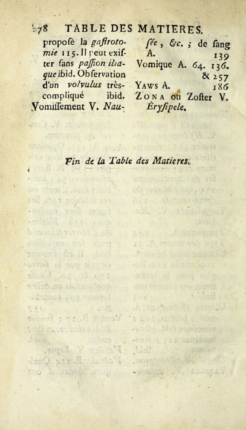 V/S TABLE DES propofé la gajiroto- mie 115.1! peut exif- ter fans pajfion iha- ÿueibid. Obfervation d’un volvulus très- compliqué ibid. YomilTement V. Nau- 'Y MATIERES. f^e, 6’c. ,* de fane A. ,3p Vomique A. <54. 1315. 257 Yaws a. , J 85 Z O N A OU Zofter V. Éryjipele^ Fin de La Table des Matieresi