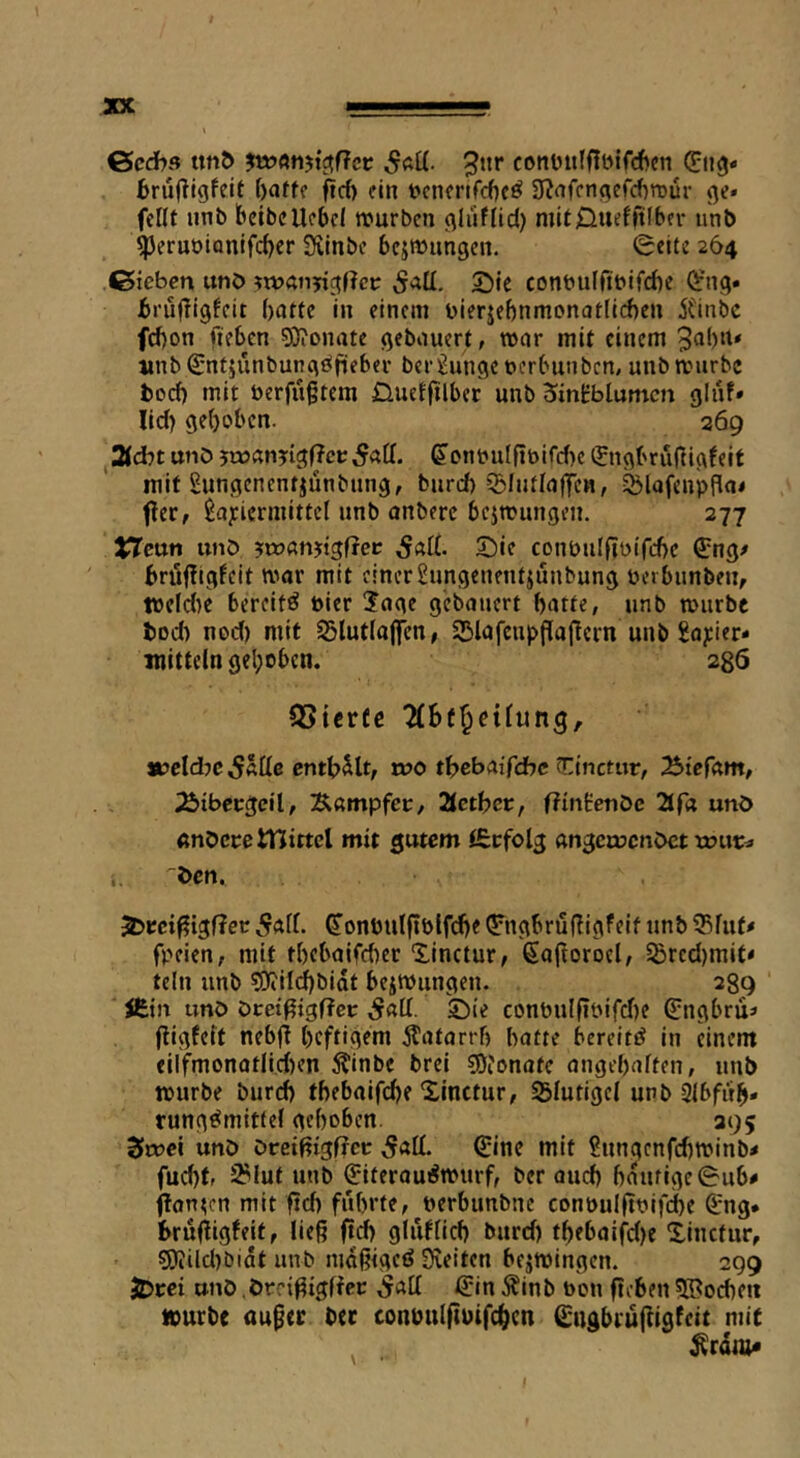 anc &cöns tmö cottütilfluifcften (Jiig* BrujTigfeit [)arff fid) ein t*cnerifcf)cö SJJnfcngefcfjrDÜi' ge* feilt unb bdbcUebfl triurbcn gluflid) mltOuefnlber unb ^eruoionlfcbcr 9vinbe bcjttningcn. Seite 264 ßiebcn unö 5'^ü. 5!)ie contiuirtbifcbe (i'ng* brü(?iglcit batte in einem bierjebnmonatlicben 5dnbc fd)on fieben ?0ionate gebauert, mar mit einem iinb(£ntjünbung{^füeber berlounge tterbunben, unbaMirbc tod) mit t>erfu§tem Duelfilber unb 5mBblumcn gluf» lid) gehoben. 269 ^Oid)t unö jroanjfigPce^att. &onbuIfit>ifd)e Sngbruf^igfeit mit Sungenenfjunbung, burd) ^Blntlaffcn, ^lafenpPia< fter, Matiermittel unb anbere bejmungen. 277 Xtevin unb jroanjtgfrec Sie conbulfjotfcbe 6:ng# briijTigfeit «»ar mit einerMungenentjunbung pcibunben, tüeld)e bereifö hier Jage gebauert batte, unb mürbe bod) nod) mit SSlutlaflfen, SSlafcupflaflcrn unb Matier- mitteln gel;obcn. 286 Q5tcr(c TLht^eiiun^r uceldbc 5«llß entbiilt, ruo thebaifdhe TAnctvir, Ätefam, Äibcegcil, Äampfec, 2tctbcc, f?mteTiöc 2ir« und «nOcce tnirtcl mit gutem iSefolg angcroenbet tour^ '^öen. 2>eci^igf?ec 5^11. ^onöulfiblfd)e Sngbrufligfeit unb 55liif# fpeien, mit tbebaifd)er Sinctur, 6a|lorocl, SBrcd)mit- teln unb sOiiil^bidt bejmungen. 289 Äin unb bmfligffci: ^all. ©ie conbulfitMfd)e ßrngbrü^ fligfclf nebj^ heftigem jfatarrb batte bereit^ in einem eilfmonatIid)cn Äinbe brei ?0ionate angebalten, unb mürbe burd) tbebaifche Xinctur, Slutigcl unb Slbfith* rung^mittel gehoben. 295 unb breiHigfrcc 5«Il* €ine mit Sungenfebminb- fud)t, ^lut unb ^iterauÄmurf, ber auch häufige Sub# jlontcn mit fid) führte, nerbunbne conbulfibifdhe ^'ng* brufiigfeit, ließ fid) gliiflid) burd) tbeboifd)e Xinctur, s0jild)bidt unb mdßigeö Drelten bejmingen. 299 jlDcci »uö .öreißigfree ^all ijin Äinb t>on fieben SBoeben mürbe außer ber conuttlftuifchcn Sngbrujdgfeit mit ^tam* f