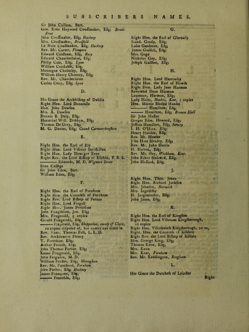 SUBSCRIB ERS NAMES Sir John Cullam, Bart. Geo. Keen Hayward Couffmaker, Efq; Brook-‘ ftrut John CouflTmaker, Efq; Hackney Mrs. CoulTniaker, Bradjield Le Nois Coufl'maker, Efq; Hackney Rev. Mr. Carter, Flompton Edward Coldham, Efq; Bury Edward Chamberlaine, Efq; Philip Cafe, Efq; Lynn William Conftable, Efq. Montague Cholmley, Efq; William Henry Chancey, Efq; Rev. Mr. Chamberlaine Carlos Cony, Efq; Lynn D. His Grace the Archbiftiop of Dublin Right Hon. Lord Doneraile Hon. John Dawfon Mrs. A. Dawfon Dennis B. Daly, Efq; Hannibal Will. Dobbyn, Efq; Thomas De Grey, Efq; M. G. Davies, Efq; Ctomh Carmarthenjhirt E. Right Hon. the Earl of Ely . Right Hon. Lord Vifeout Innilkillen Right Hon. Lady Dowoger Erne Right Rev. the Lord Bilhop of Elphin, F. R. S. ■ - Edwards, M. D. Wigenore Street Eton College Sir John Eden, Bart. * William Eden, Efq; F. Right Hon. the Earl of Farnham Right Hon. the Countfefs of Farnham Right Rev. Lord Bifhop of Femes Right Hon. Lord Fingall Right Hon. James Fortefeue John Fitzgibbon, jun. Efq; Mrs. Fitzgerald, 5 copies Gerald Fitzgerald, Efq; ■ ■ Fizgerald, Efq; Shepperton, county of Clare,. 10 copies difpofed of, but names not come in Rev. Hans. Thomas Fell, L. L..D. Rev. Archdeacon Flenry T. Fortefeue, Efq; Arthur French, Elq; John Thomas Forlter, Efq; Keane Fitzgerald, Efq; John Fergulon, M. D. William Forftcr, Efq; Monaghan- Rev. Mr. Funchard, Farnham John Forbes, Efq; Hackney James Frampion, Efq; — Fearnfide, Efq; G. Right Hon. the Earl of Glerawly Stand. Grady, Efq; Luke Gardener, Efq; James Godfcll, Efq; Mrs. Gage Nicholas Gay, Efq; Jofeph Gulilon, Efq; H. ) Right Hon. Lord Harrowby Right Hon. the Earl of Howth Right Hon. Lady Jane Harman Reverend Dean Harman Laurence, Harman, Efq; Lady Hales, Honlets, Kent, 2 copies Hon. Martin Bladen Hawke ■ Hamilton, Efq; •' ' ' ■ Hamilton, Efq; Bronjon Hall Sir John Haflar Gorges Edm. Howard, Efq; Jofhua Hamilton, Efq; Ne^wry I. H. O’Hara. Efq; Henry Hanfon, Efq; Rev. Mr. Heathe John Hare Henley, Efq; Rev. Mr. John Harris H. Hulton, Efq; t . Rev. Mr. Hey, Wickham, Kent. John Baker HohOyd, Efq; John Haffard, Efq; J. Right Hon. Theo. Jones . i Right Hon. Richard Jackfon - . . Mrs. Johnfon, Kornuich Mrs. Ingoldlby H. Jurgonholler, Efq; John Jones, Efq; E. Right Hon. the Earl of Kingfton Right Hon. Lord Vifcouni Kinglboroogh, 10 copies Right Hon. Vifeonntefs Kingfborougb, 10 co^ Right., Hon. the Countefs cf Kildare Right Rev. the Lord Bi.'hop of Killala Hon. George King, Efq; Thomas Knox, Efq; Mrs. Knox Mrs. Kent, Fornham Rev. Mr. Keddington, Roughaim ■ L. Her Grace the Dutchefs of Leiniler Right