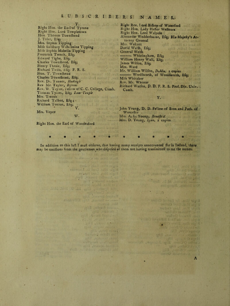 s u B S C R I B E R S NAMES,. T. Right Hon. the Had of Tyrone Right iion. Lord Templetown Hon. Thomas Tovvnfhend J. 7'oler, Efq; Mrs. Sophia Tipping Mifs Salilbury Wilhelmina Tipping Mifs Sophia Mabella Tipping Frederick Trench, Efq; Edward I'ighe, Efq; Charles Townihend, Efq; Henry Thrale, Efq; Richard Twils, Eiq; F. R. S. Hon. T. Townihend Charles Townihend, Efq; ; Rev. Dr. I'anner, Hadleigh' Rev. Mr. Taylor, Bijrons Rev. Vv. Tayior, fellow of C. C. College, Camb. Thomas Tytiet, Efq; Inntr Ttmplt Mrs. Trench Richard Talbot, Efq;* William Tonfon, Eiq; V. Mrs. Voyce W. Right Hon. the Earl of Wandesford Right Rev. Lord Biihop of Waterford Right Hon. Lady Kefter Weflenra Right Hon. Lord Walpole _ Alexander Wedderbuine, Efq; Hii Majelly’s At- torney General Mrs. Walcott David Wallh, Efq; General Weiih Whittingham, Efq; William Henry Wall, Efq; James Wilfon, Efq; Mrs. Ward Mr. William Wilfon, Dublin, z copies Wordfworth, of Wordfworth, Efq; Mifs Whitaker Rev. Mr. Whitear Eichard Watfon, p. D. F. R. S. Prof.Div. Univ, Camb. John Young, D. D. Fellow of Eton and Preb. of Worcerter Mrs. A. L. Young, Bradfield Mrs. D. Young, Lynn, z copies » « * * • ♦ * * * * * In addition to this lait I muft obferve, that having many receipts unaccounted for in Ireland, there may be omillions from the gentlemen whodifpofed ef them not having tranfmitted tome the names. A
