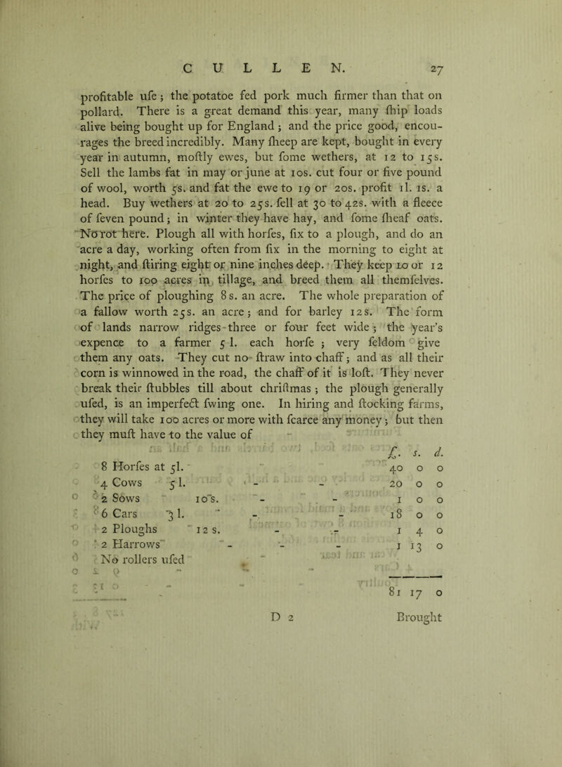profitable ufe; the potatoe fed pork much firmer than that on pollard. There is a great demand this year, many Ihip loads alive being bought up for England j and the price good, encou- rages the breed incredibly. Many flieep are kept, bought in every year in autumn, moftly ewes, but fome wethers, at 12 to 15 s. Sell the lambs fat in may or June at los. cut four or five pound of wool, worth 5s. and fat the ewe to 19 or 20s. profit il. is. a head. Buy wethers at 20 to 25s. fell at 30 to 42s. with a fleece of feven pound; in winter they have hay, and fome flieaf oats. Noi'ofhere. Plough all with horfes, fix to a plough, and do an acre a day, working often from fix in the morning to eight at .night, and {firing eight or nine inches d^ep. They keep lo or 12 horfes to lop acres ip, tillage, and breed them all themfelves. .The price of ploughing 8s. an acre. The whole preparation of >a fallow worth 25s. an acre j and for barley 12 s. The form of -lands narrow ridges-three or four feet wide; the year’s expence to a farmer 5 1. each horfe ; very feldom give them any oats. -They cut no- ffraw into chaff; and as all their corn is winnowed in the road, the chaff of it is loft. They never break their ftubbles till about chriftmas ; the plough generally ufed, is an imperfe6l fwing one. In hiring and flocking farms, they will take 100 acres or more with fcarce any money; but then (. they muft have to the value of s. d. 8 Horfes at 5I. 40 0 0 4 Cows 51. ' - - 20 0 0 2 Sows lo's. - , , - ' I 0 0 6 Cars '31. * - / - ' 18 0 0 2 Ploughs 12 s. - .r I 4 0 2 Harrows'* No rollers ufed , ' . ■* I 13 0 —_ 81 17 0 D 2 Brought