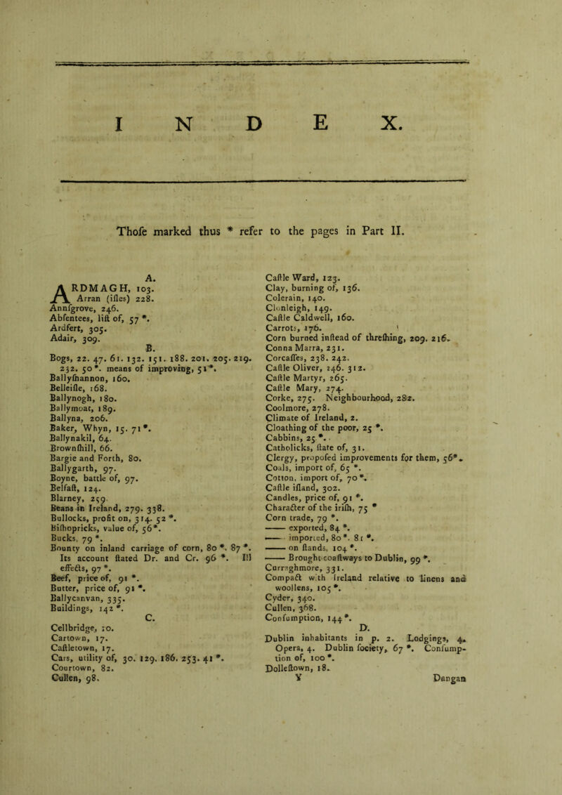 Thofe marked thus * refer to the pages in Part II. A. ARDMAGH, 103. Arran (ifles) 228. Annfgrove, 246. Abfentees, lift of, 57 •. Ardfert, 305. Adair, 309. B. Bogs, 22. 47. 61. 132. 151. 188. 201. 203. 219. 232. 50*. means of improving, 51'*. Ballylhannon, 160. Belleifte, 168. Ballynogh, 180. Ballymuat, 189. Ballyna, 206. Baker, Whyn, 15. 71*. Ballynakil, 64. < Brownlhill, 66. Bargie and Forth, 80, Ballygarth, 97. Boyne, battle of, 97. Belfaft, 124. Blarney, zi^g Beans in Ireland, 279. 338. Bullocks, profit on, 314. 52 Bifhopricks, value of, 56*. Bucks, 79 *. Bounty on inland carriage of corn, 80 87 Its account ftated Dr. and Cr. 96 *. elFefts, 97 *. Beef, price of, 91 *. Butter, price of, 91 •. Ballycanvan, 335. Buildings, C. Cellbridge, ;o. Cartown, 17. Caftletown, 17. Cars, utility of, 30. 129. l86. 253»4I *• Courtown, 82. Cullen, 98. Caftle Ward, 123. Clay, burning of, 136. Colerain, 140. Clonleigh, 149. Caftle Caldwell, 160. Carrots, 176. ' Corn burned inftead of threihing, 209. 216. Conna Marra, 231. CorcalTes, 238. 242. Caftle Oliver, 246. 312. Caftle Martyr, 265. Caftle Mary, 274. Corke, 275. Neighbourhood, 282. Coolmore, 278. Climate of Ireland, z. Cloathing of the poor, 25 *. Cabbins, 25 *.. Catholicks, ftate of, 31. Clergy, propofed improvements fpr them, 36*. Coals, import of, 65 *. Cotton, import of, 70*. Caftle ifland, 302. Candles, price of, 91 Charafter of the irilh, 73 * Corn trade, 79 *. exported, 84 *. — imported, 80 *. 8r *. — . on Bands, 104 *. Ill Brought coaftways to Dublin, 99 Curraghmore, 331. Compaft with Ireland relative to linens and * woollens, 105*. Cyder, 340. Cullen, 368. Confumption, 144*. D. Dublin inhabitants in p. 2. Lodgings, 4, Opera, 4. Dublin fociety, 67 •. Confump- tion of, 100 *. Dollellown, 18. Y Dangan