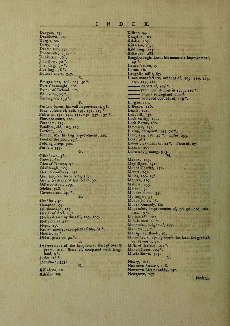 Dangan, 23. t)ruellown, 43. Dargle, 92. Derry, 143. Drumoland, 237. ' • Donneraile, 251'.-— ’ ’■ Dunkettle, 261. Demefner, 76 *. Drinking, 77 *. Duelling, 78 *. Dawfon court, 347. E. Emigrations, io8. 12;. 30*. Eyre Connaught, 228. Extent of Ireland, 1 *. Education, 75 *. Embargoes, 139*. F. Forfter, baron, his vaft improvement, 98. Flax, culture of, 126. 195. 231. 113*. Filheries, 141. 144. 152. 230. 337. 137 *. Florence court, 170. Farnham, 175. Families, old, 185, 217. Foxford, 209. French, Mr. his bog improvement, 220. ’ Food of the poor, 23 *• Folding fheep, 300. Furnefs, 343. G. Gibbllown, 38. Gowry, 82. Glen of Downs, 91. - Glafslaugh, 109. Grant’s caufeway, 141. Gun harpoon for whales, 157. Grafs, tendency of the foil to, 90. Gillaroo trout, 209. GJofter, 348. Government, 140 *. H. . Headfort, 40. Hampton, 94. Hilllborough, 113. Hearts of Reel, 131. . Horfes drawn by the tail, 179. 209. Hollymount, 218. Hops, 250. Hearth-money, exemptions from, 61 *. Houfes, 77 *. Hides, price of, 92 *. Improvement of the kingdom in the laft twenty years, 101. State of, compared with Eng- land, 9 *. • Juries, 78 *. johnftown, 354; 1C* Killadoon, 10. Kilfaine, 68. Killrue, 94. Kingfton,187, Kilalla, 207. Kiltartan, 237. Kildining, 273. Killarney, 288. Kingfborough, Lord, his mountain improvement, 49 *• Luttrel's town, 5. Lucan, 16. Laughlin mills, 67. ^ Linen manufadlure, account of, 105. no. tij. 191. 214, 227. ■ ■ —— export of, 108 *. ———- pretended decline in 1773, Iio*. '■ import to England, iii » —' wretched conduA of, 119 •. Lurgan, 111. Lilburne, 116. Lecale, 121. LeHy hill, 132. ' Loch Swilly, 144. ' ri ‘ ' Loch Earne, 166. ^ Limerick, 243. , ”1, Living, cheapnefs, 243. 73 •. , . Lime, 249. 281. 47 *. Kilns, 255., ’ ■ 'Lota, 262. Labou , payment of, 22*. Price of, 27. Lixnaw, 306. - • Limerick, grazing, 313. , M. c •.i> 1 Mahon, 109. Magilligan, 141. Mount Charles, 131. Mercra, 197. Mules, 206. 236. Moniva, 219. Mallow, 255. Marino, 3. Monknewtown, 33, . Mullingar, 53. Mount Juliet, 68. Mounr Kennedy, 86. Mountains, improvement of, 96.98.210.280. 304. 49 *. Market-hr’l, 102. Middle men, 14 *. Mountains, height of, 298. Manners. 74*. Mahaghree iflands, 303. Macarthy, of Spring-houfe, his farm the greateft rn the world, 320. Mills of Ireland, 101 *. Manufaftures, 104*. Mitchelftown, 373. N. Newry, 102. Newtown Stewart, 118. Newtown Limmovaddy, 142. Newgrove, 257. Nedeeni