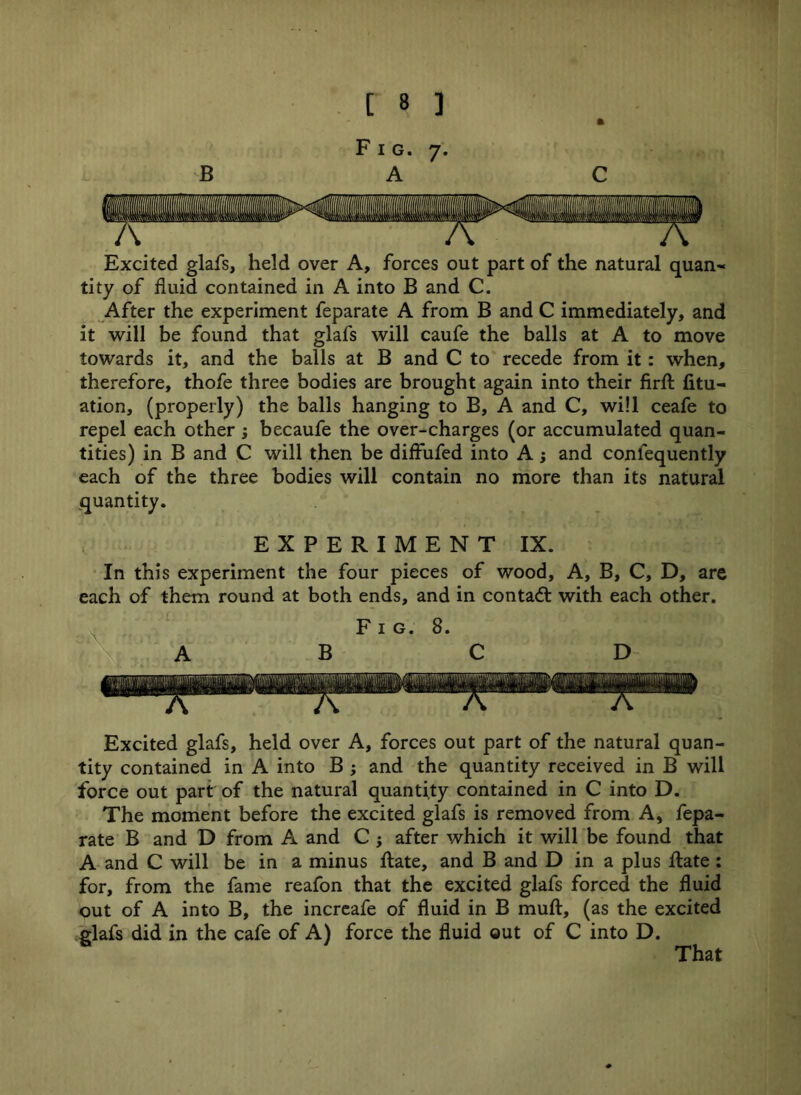 Fig. 7. B A C Excited glafs, held over A, forces out part of the natural quan- tity of fluid contained in A into B and C. After the experiment feparate A from B and C immediately, and it will be found that glafs will caufe the balls at A to move towards it, and the balls at B and C to recede from it: when, therefore, thofe three bodies are brought again into their firfl: fitu- ation, (properly) the balls hanging to B, A and C, will ceafe to repel each other ; becaufe the over-charges (or accumulated quan- tities) in B and C will then be diffufed into A; and confequently each of the three bodies will contain no more than its natural quantity. EXPERIMENT IX. In this experiment the four pieces of wood. A, B, C, D, are each of them round at both ends, and in contact with each other. Fig. 8. A B C D Excited glafs, held over A, forces out part of the natural quan- tity contained in A into B ; and the quantity received in B will force out part of the natural quantity contained in C into D. The moment before the excited glafs is removed from A, fepa- rate B and D from A and C -y after which it will be found that A and C will be in a minus ftate, and B and D in a plus Hate : for, from the fame reafon that the excited glafs forced the fluid out of A into B, the increafe of fluid in B muft, (as the excited did in the cafe of A) force the fluid out of C into D. That