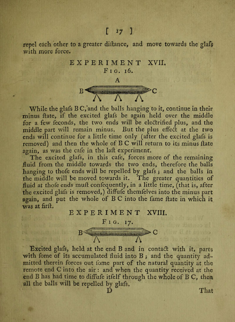 repel each other to a greater diRance, and move towards the glafs with more force. EXPERIMENT XVII. Fi g. 16. While the glafs B C/and the balls hanging to it, continue in their minus Rate, if the excited glafs be again held over the middle for a few feconds, the two ends will be electrified plus, and the middle part will remain minus. But the plus effeCt at the two ends will continue for a little time only (after the excited glafs is removed) and then the whole of B C will return to its minus Rate again, as -was the cafe in the laft experiment. The excited glafs, in this cafe, forces more of the remaining fluid from the middle towards the two ends, therefore the balls hanging to thofe ends will be repelled by glafs; and the balls in the middle will be moved towards it. The greater quantities of fluid at thofe ends muft confequently, in a little time, (that is, after the excited glafs is removed,) diffufe themfelves into the minus part again, and put the whole of B C into the fame Rate in which it was at firR. EXPERIMENT XVIII. F 1 g. 17. Excited glafs, held at the end B and in contaCl with it, parts with fome of its accumulated fluid into B ; and the quantity ad- mitted therein forces out fome part of the natural quantity at the remote end C into the air : and when the quantity received at the end B has had time to diffufe itfelf through the whole of B C, then all the balls will be repelled by glafs. That