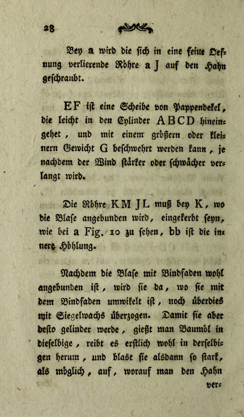 ä8 58*9 a »Irb bte ftd^ in eine fehle Oef^ tiung »erlicrenbe SRb^rc a J «itf ben Jgxil^tt gefdl^raubt» EF ijl eine ©d^eibc »on ^ft^pcnbcfel, bie leidet in ben Splinbcr AB CD bincitts gebet , unb mit cinenr grbfcm ober Hei* ttern ©emidbt G befdbmebrt »erben fann ^ je nadbbem bet SBinb ffc^rfer ober fcb»acber »er* langt »irb» 2>ie Sftbbrc KM JL mug Up K, »0 bie tSIafe angebunben »trb, eingeferbt fcbn, »ic bet a Fig. lo }u (eben, bb i(l bie In* ner(^ j^bblung» 9ladbbem bie S5iafe mit SSinbfaben »obt öttgebimbcn ijl, ttirb fte ba, »o fte mit bent SBittbfaben «mmifelt ijl, nodb dberbieß mit @iegel»adbs übcrjogen* Samit fte aber bejlo gelinber »erbe, giegt man S3aumbt in biefelbigc, reibt eS crglid) »obMn berfelbis gen berum, unb blaßt ge aißbann fo garC «Iß ntbglidb, auf, »orauf man ben ^abn